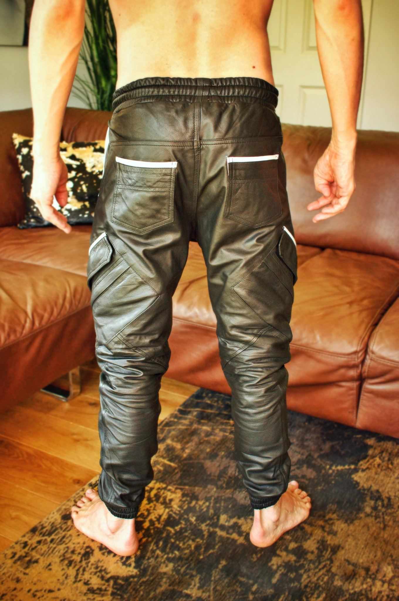 Men's Genuine High Quality Cowhide Leather Front to Back Zip Gay Biker Pants