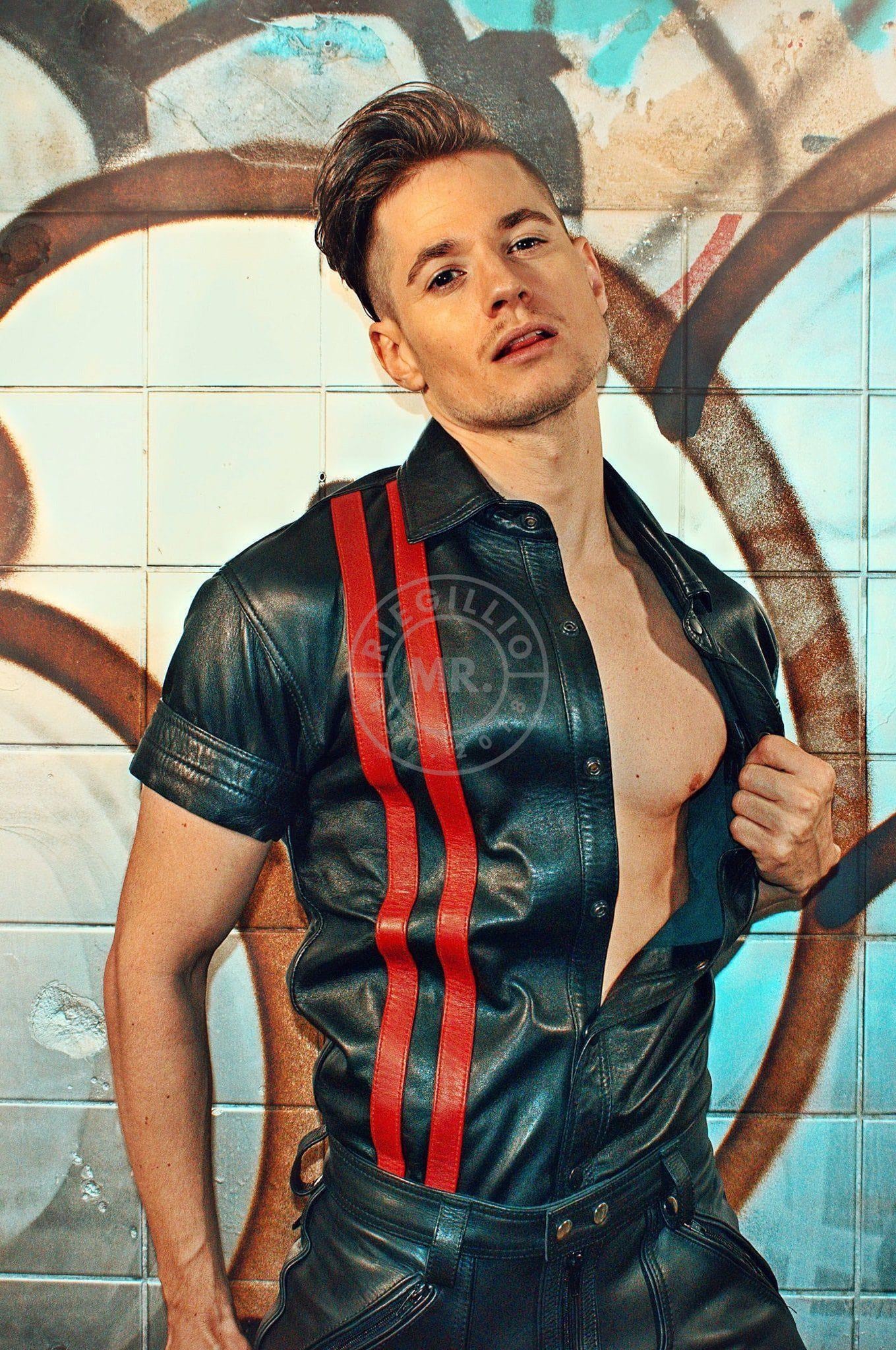 Black Leather Shirt - Red Stripes at MR. Riegillio