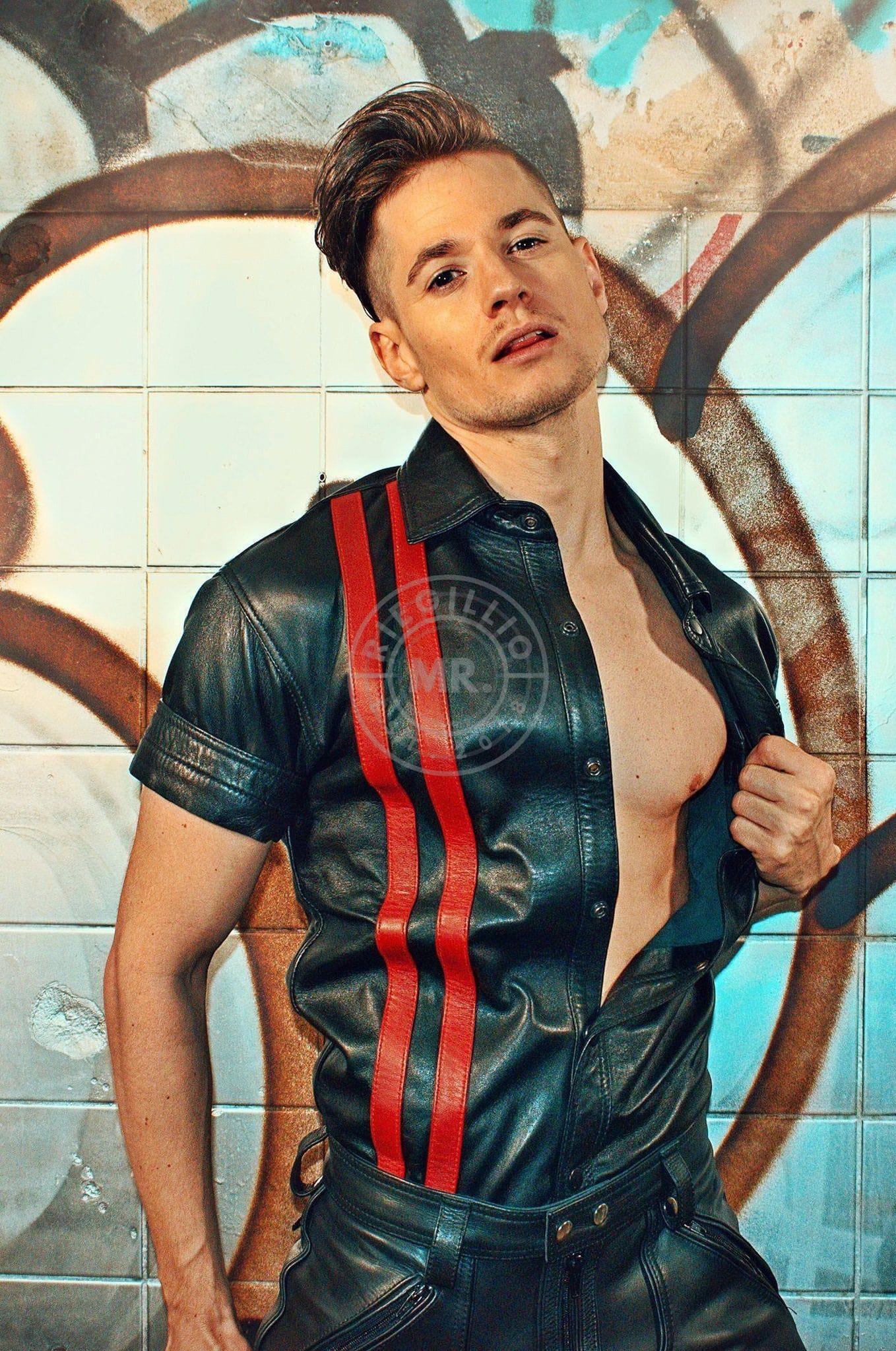 Black Leather Shirt - Red Stripes at MR. Riegillio