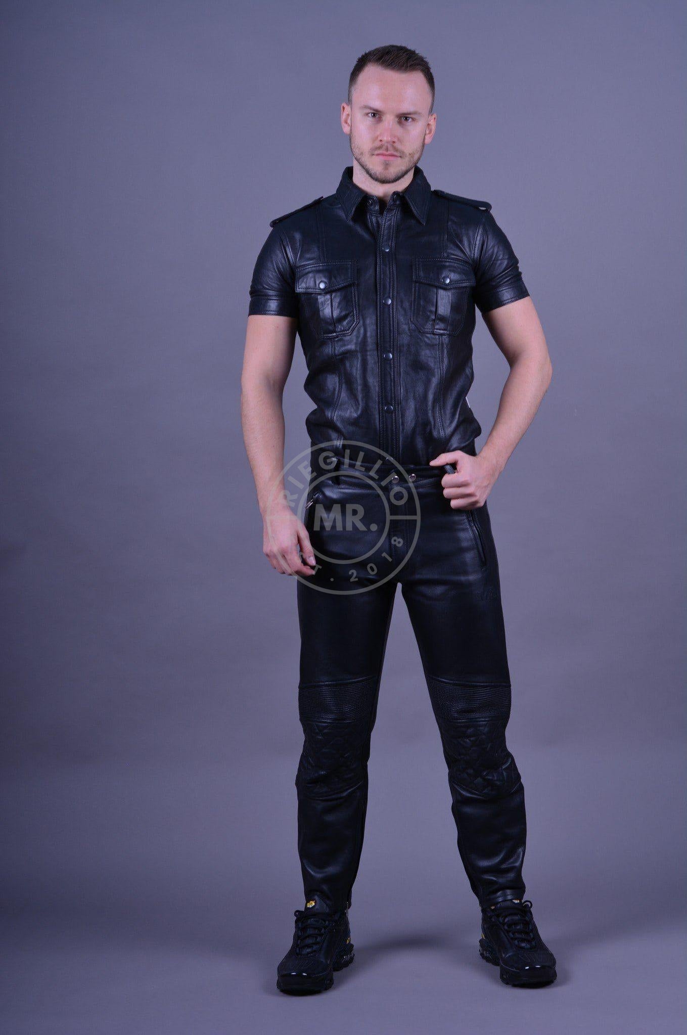 Black Leather Motorbike Pants at MR. Riegillio