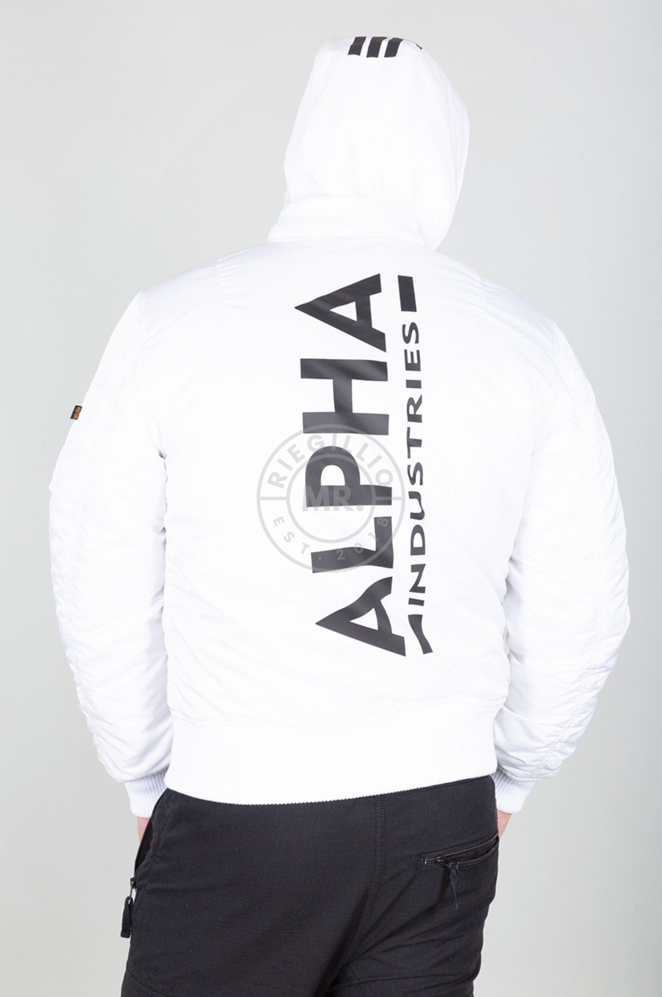 Alpha Industries MA-1 ZH Back Print Jacket - White / Black at MR. Riegillio