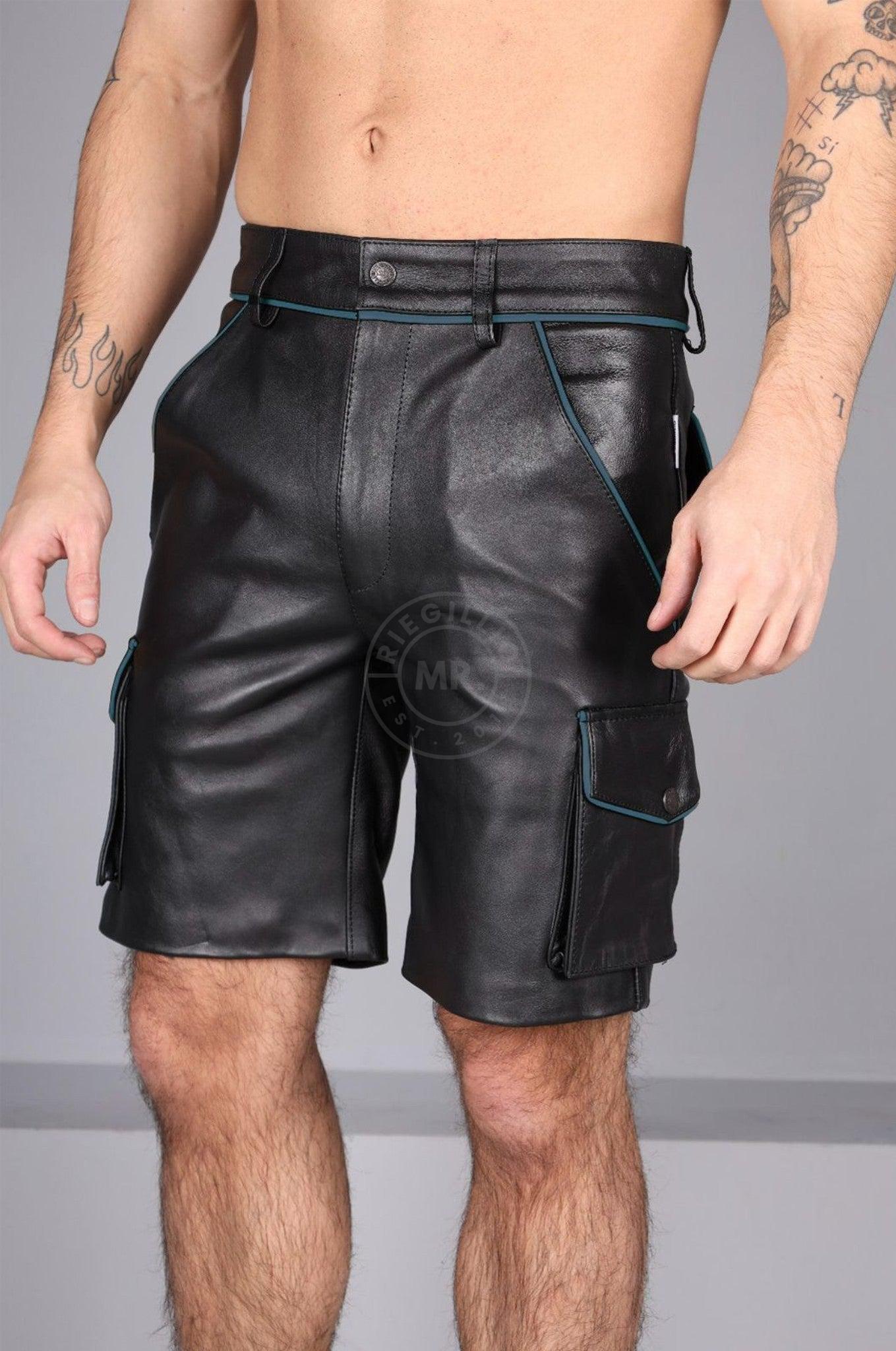 Black Leather Cargo Short - Jeans Blue Piping at MR. Riegillio