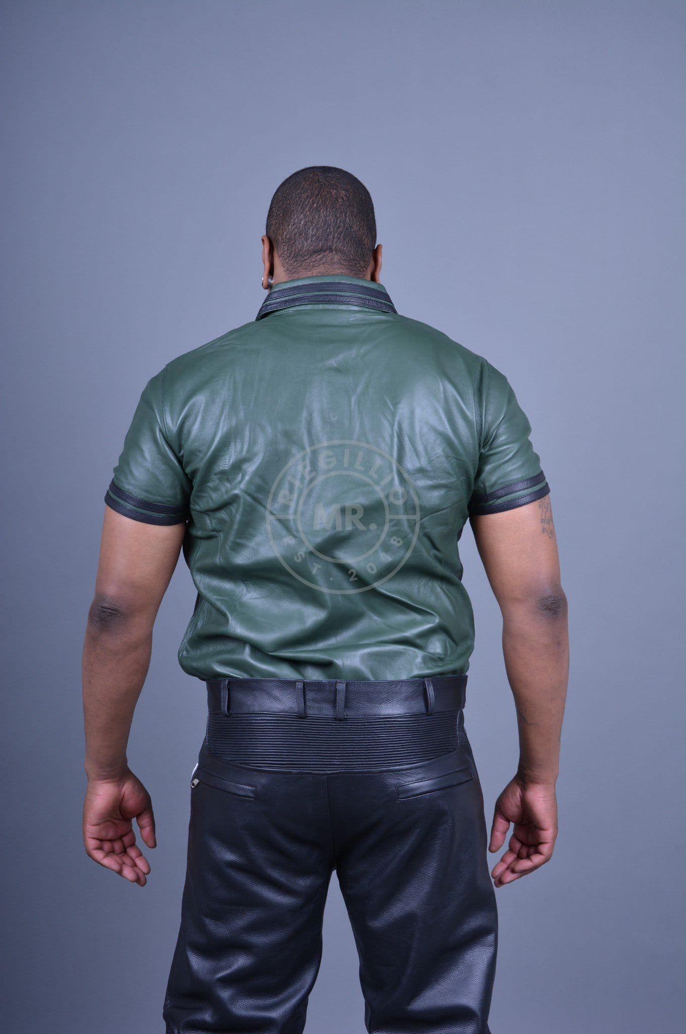 Dark Green Leather Polo - BLACK STRIPES at MR. Riegillio