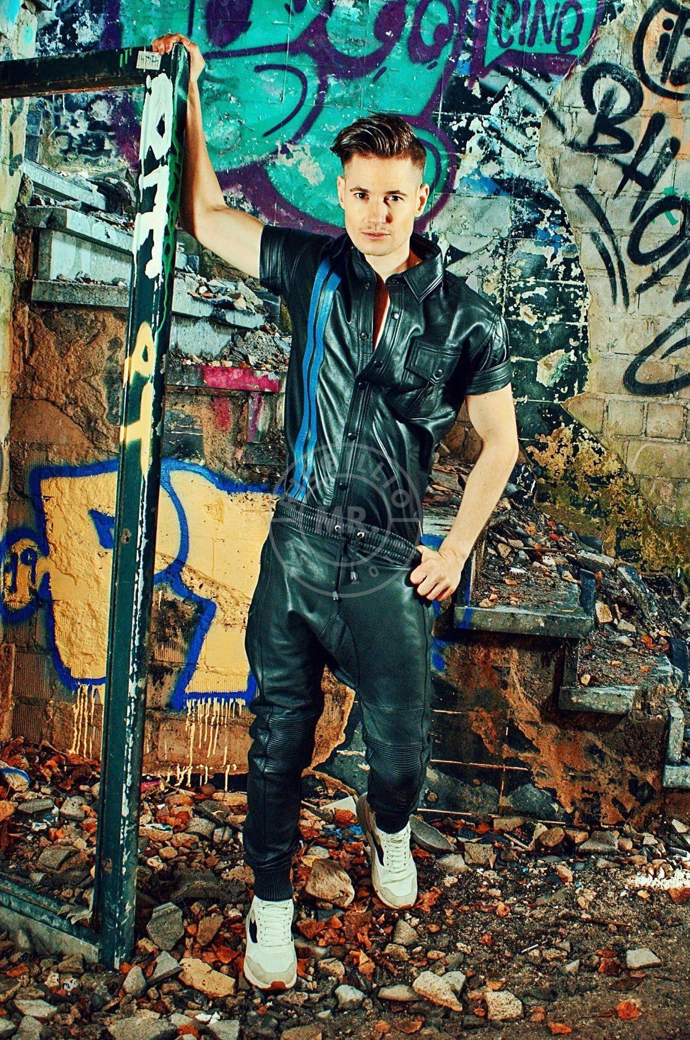 Black Leather Shirt - Blue Stripes at MR. Riegillio