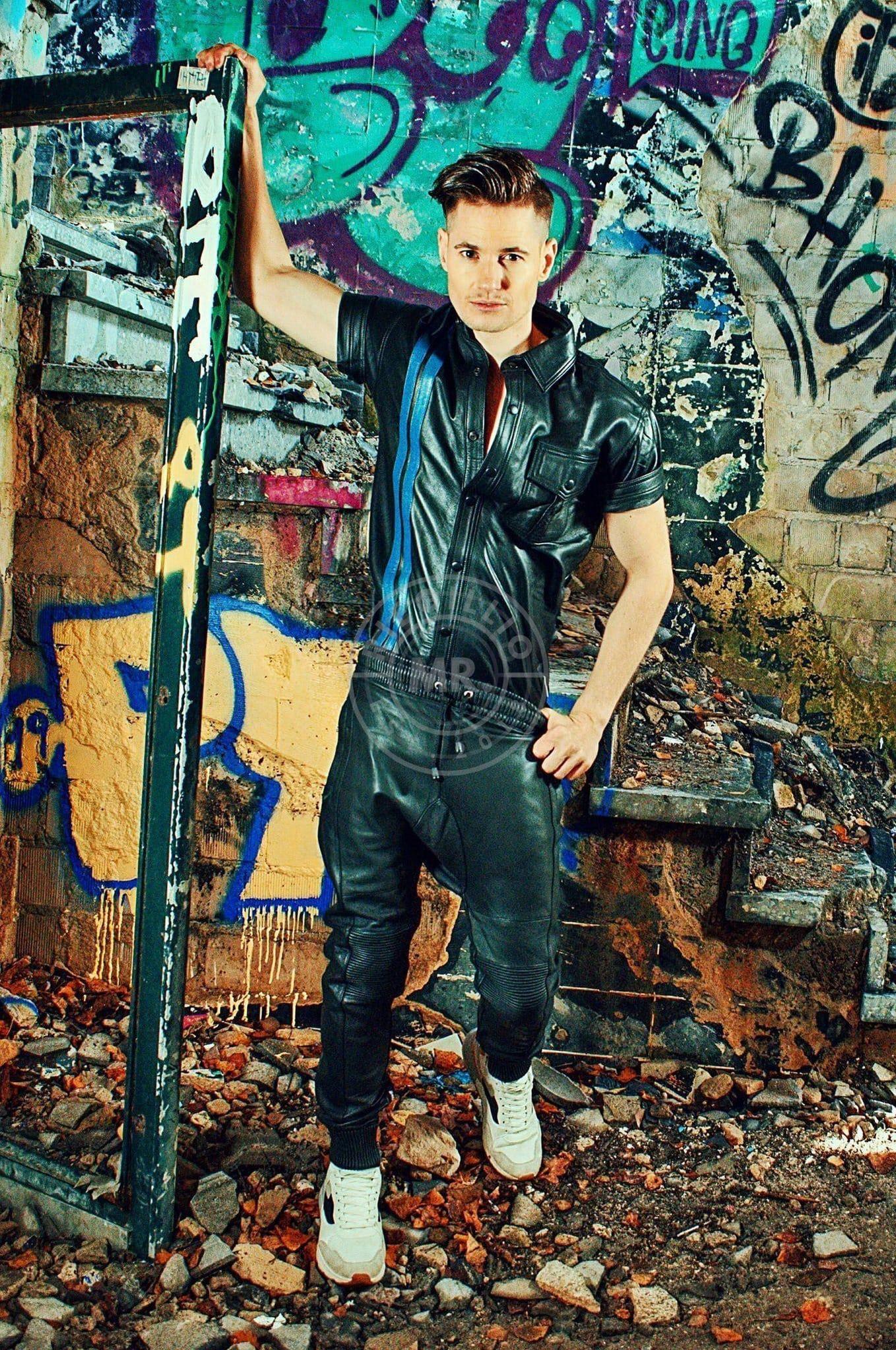 Black Leather Shirt - Blue Stripes at MR. Riegillio