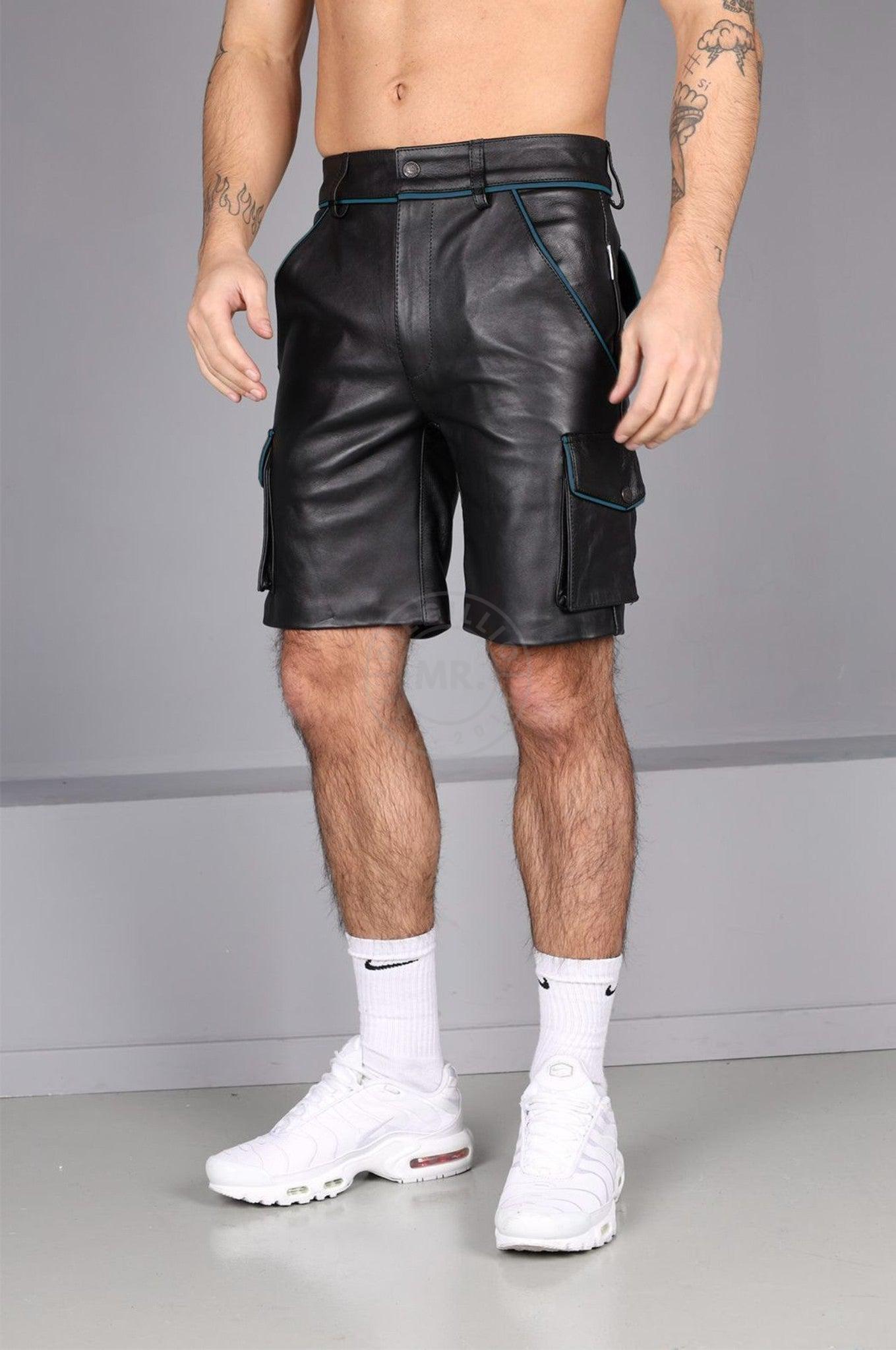 Black Leather Cargo Short - Jeans Blue Piping at MR. Riegillio