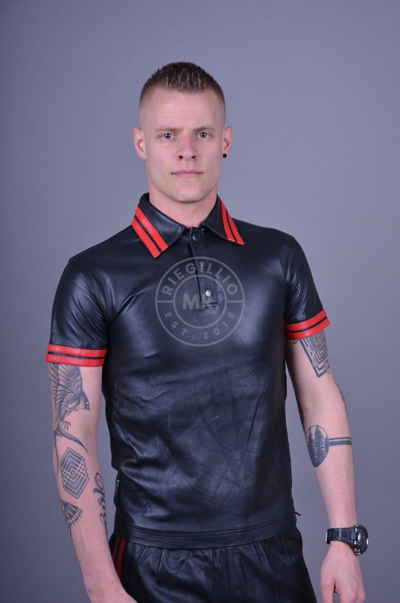 Black Leather Polo - Red Stripes at MR. Riegillio