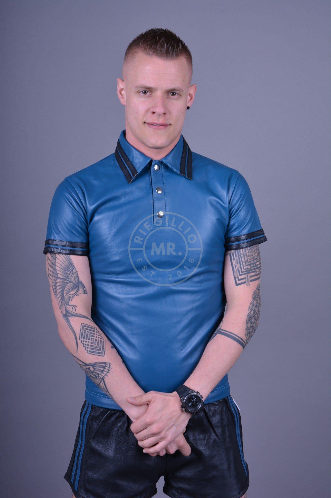 Jeans Blue Leather Polo - BLACK STRIPES at MR. Riegillio