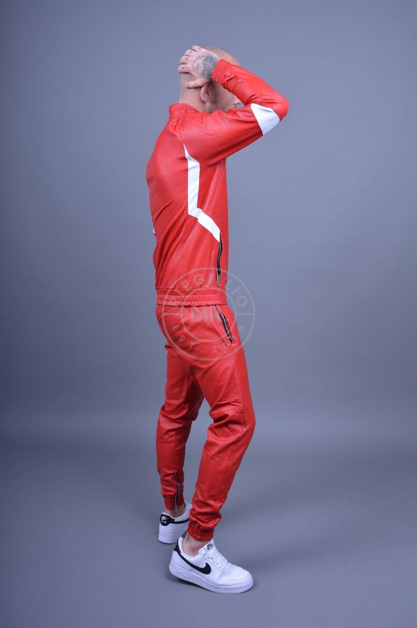 Red Leather Tracksuit Jacket at MR. Riegillio