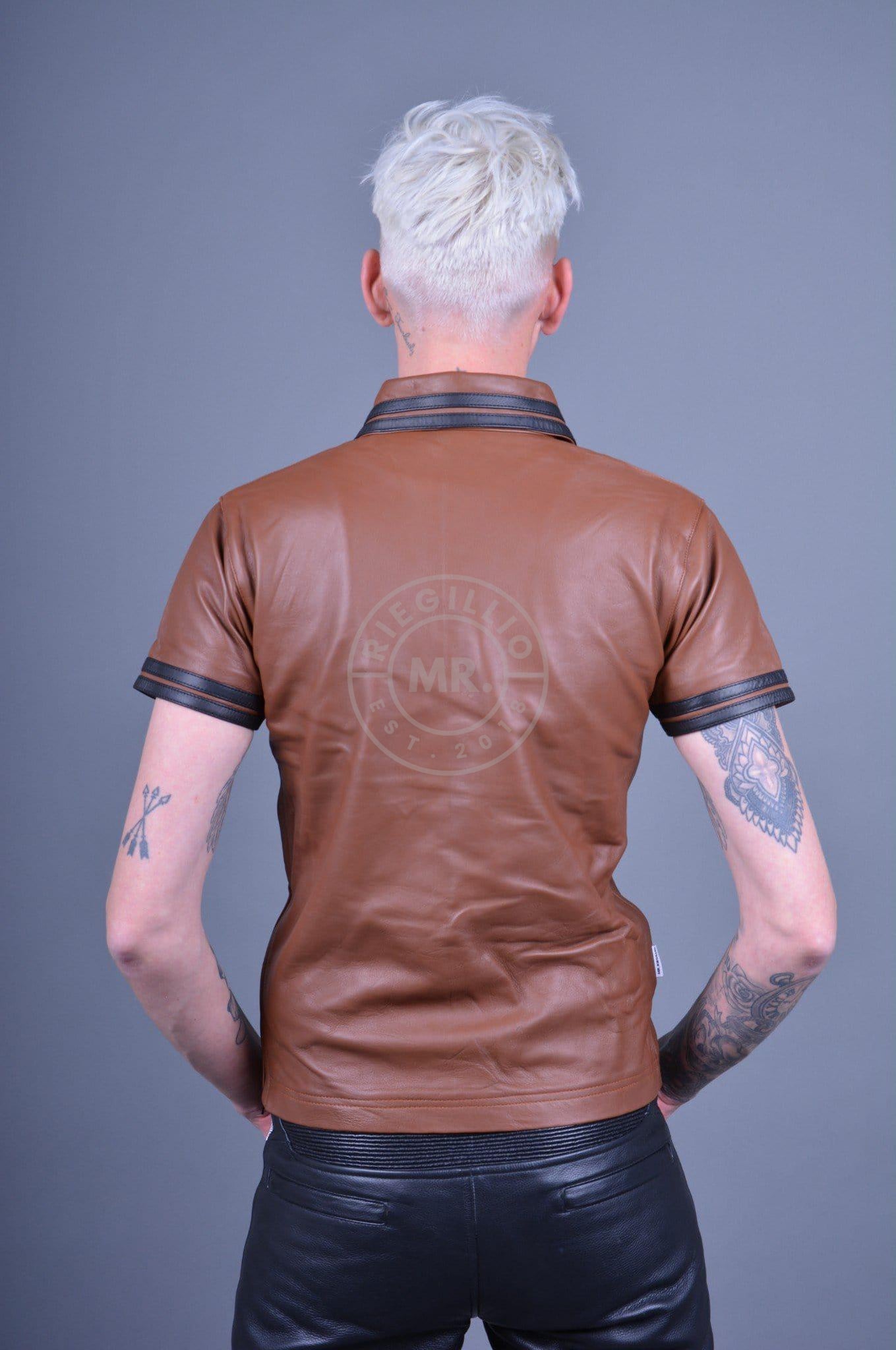 Cinnamon Brown Leather Polo - BLACK STRIPES at MR. Riegillio