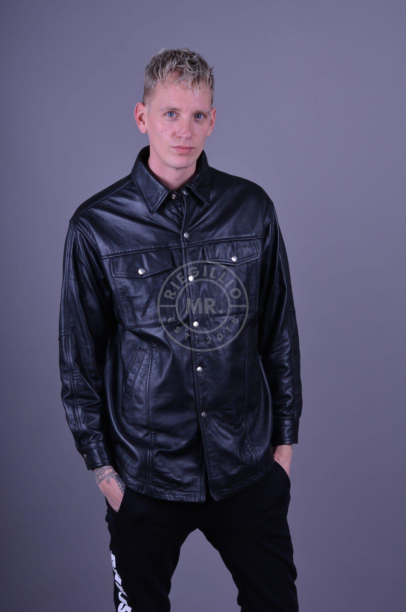 Black Leather Oversized Shirt *DISCONTINUED ITEM*-at MR. Riegillio