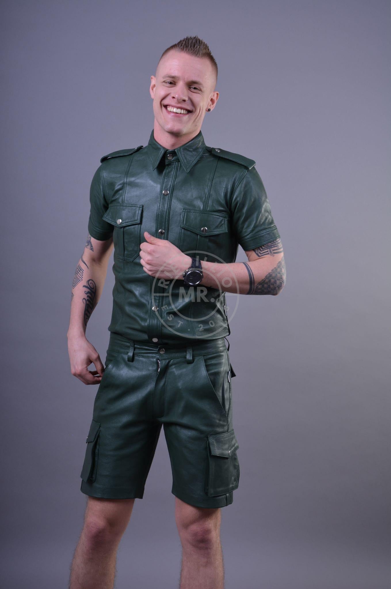 Dark Green Leather Cargo Short at MR. Riegillio