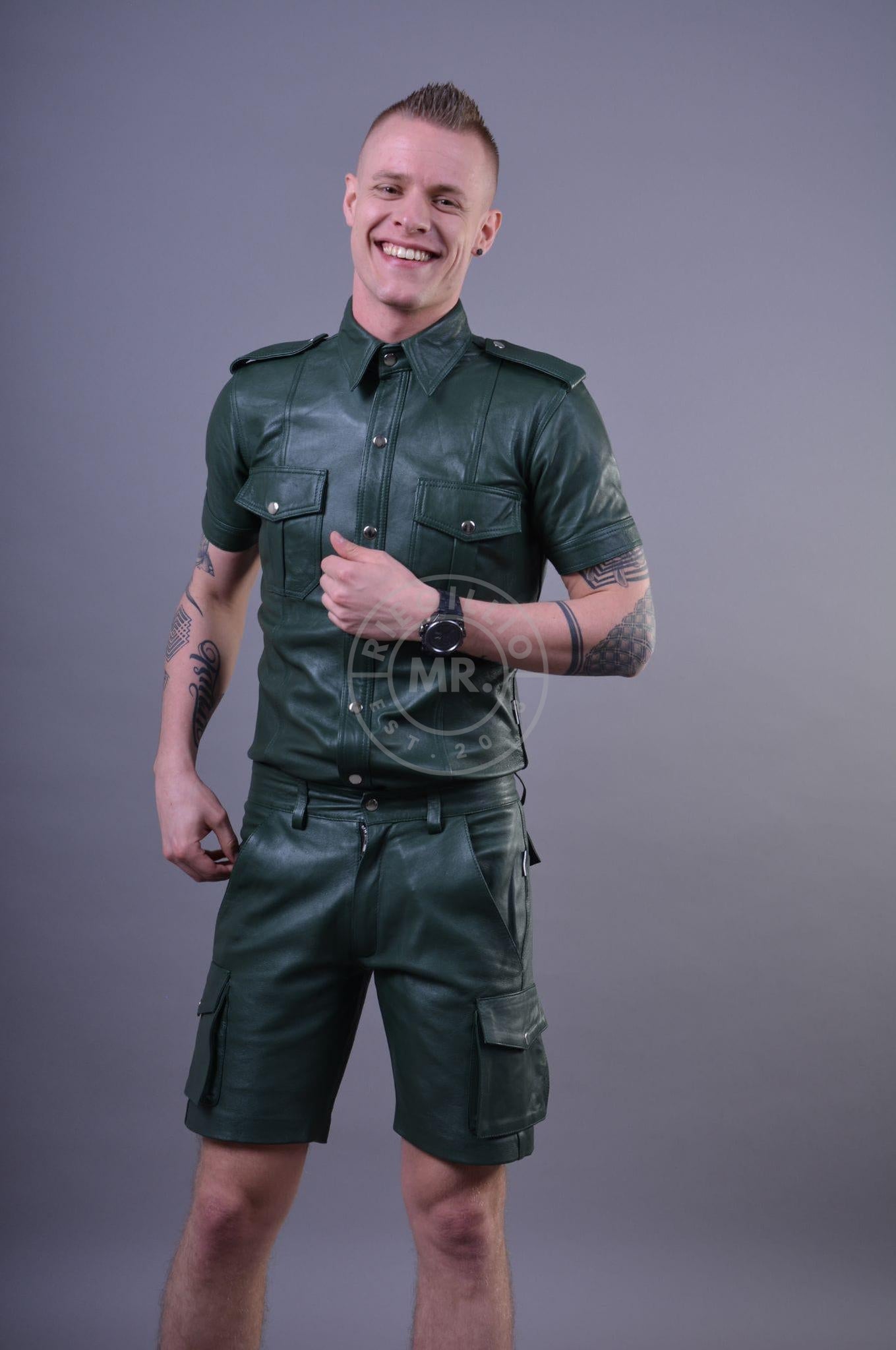 Dark Green Leather Cargo Short-at MR. Riegillio