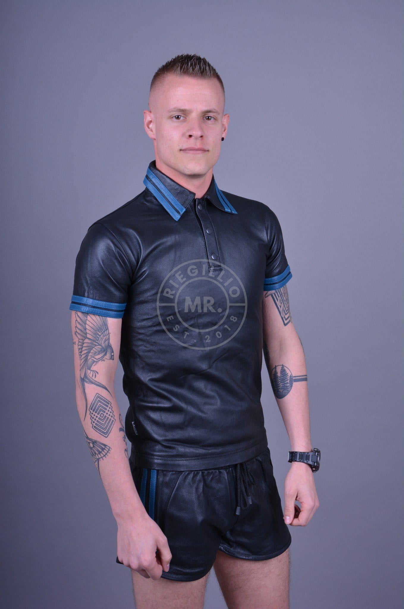 Black Leather Polo - Blue Stripes at MR. Riegillio