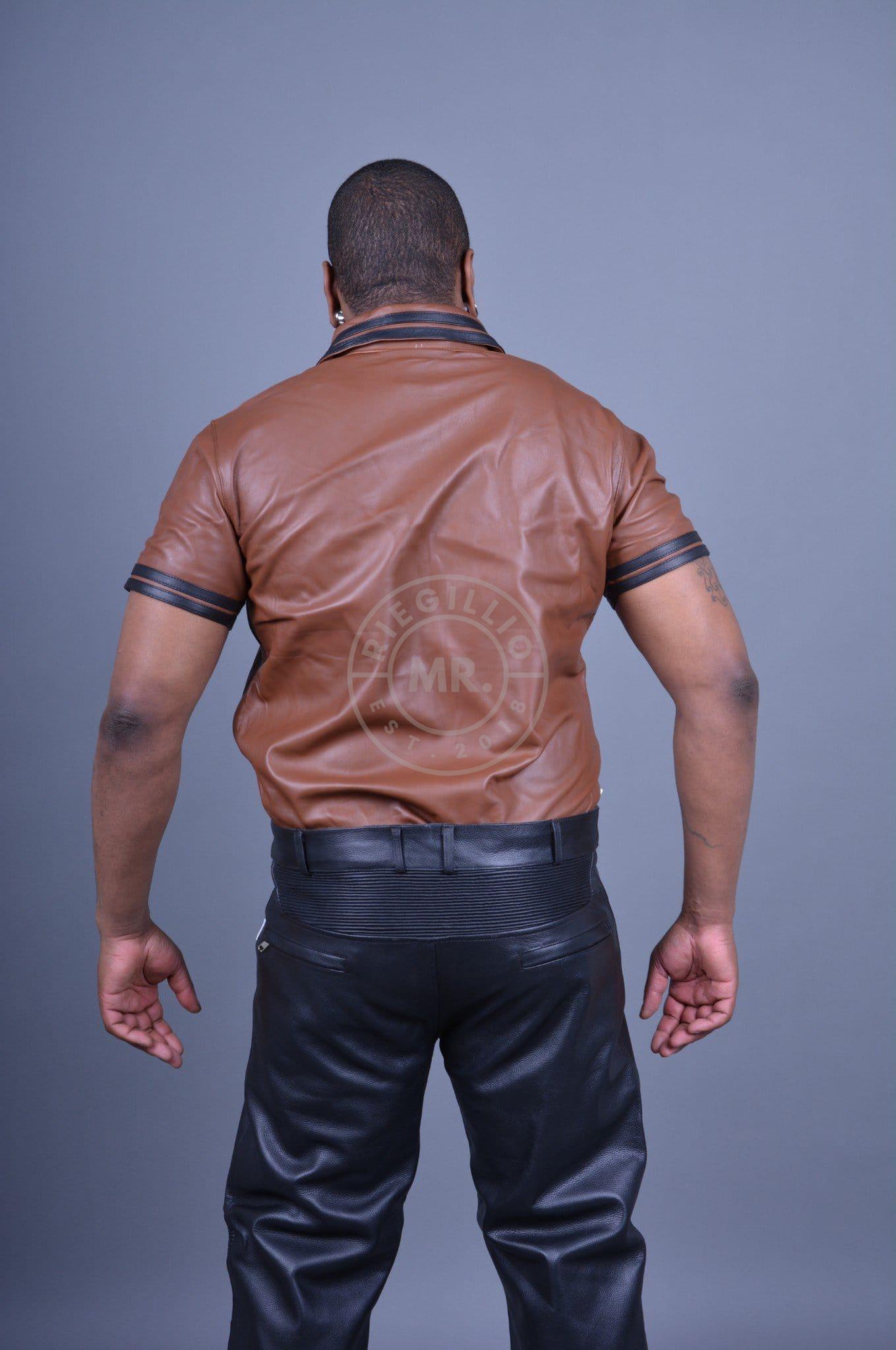 Cinnamon Brown Leather Polo - BLACK STRIPES at MR. Riegillio