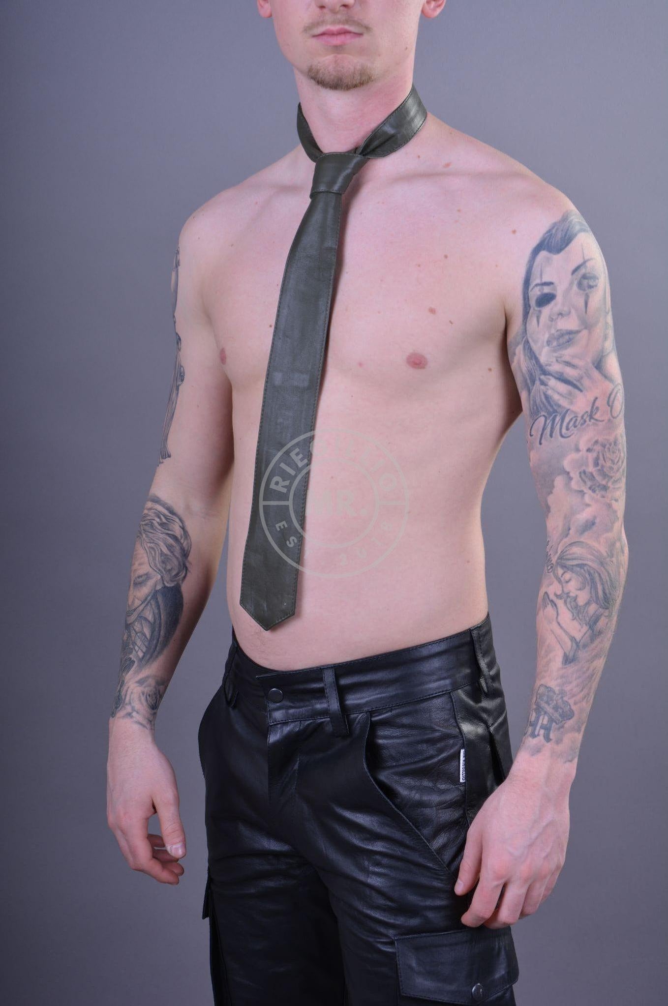 Army Green Leather Tie at MR. Riegillio