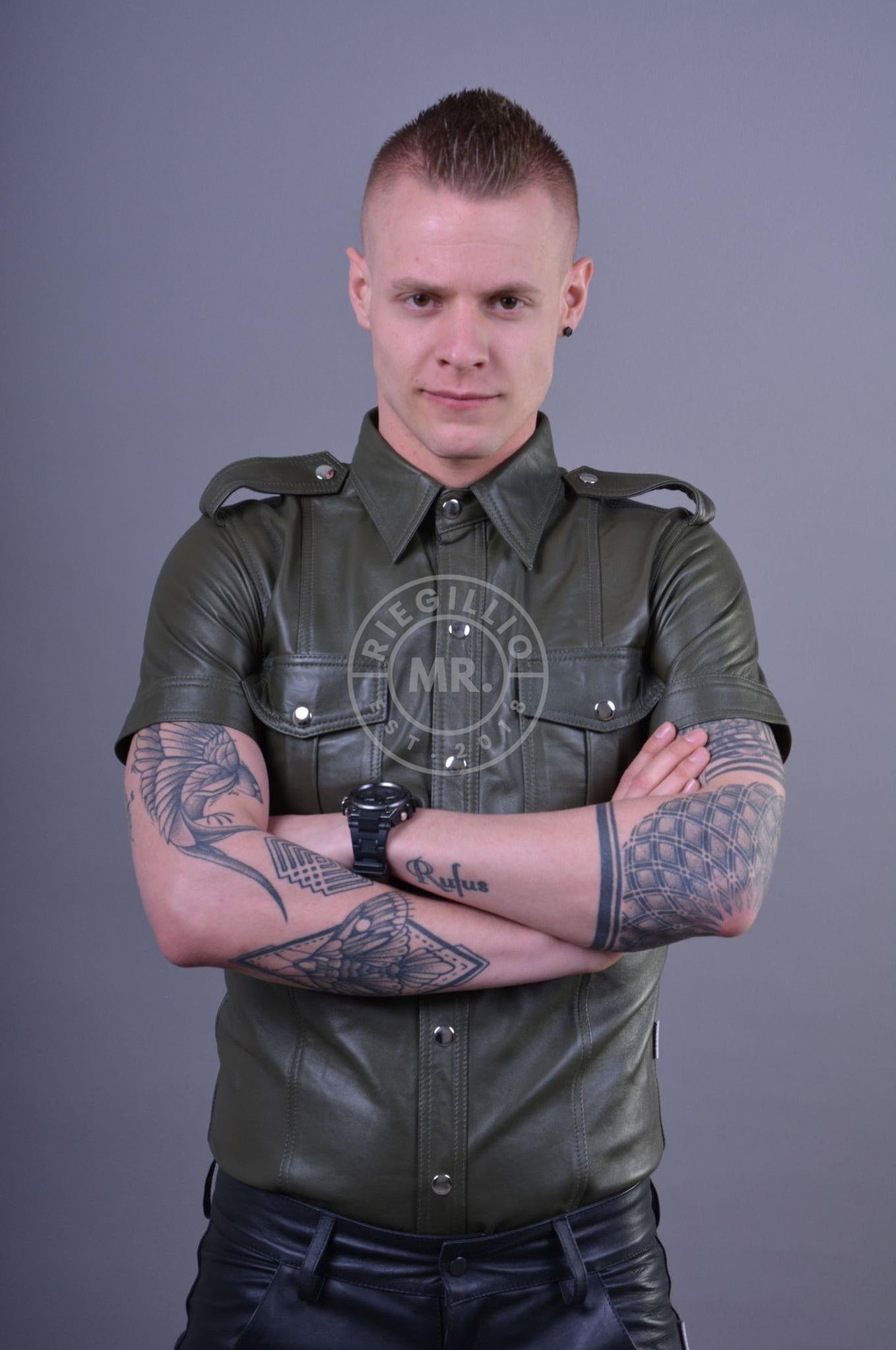 Army Green Leather Shirt at MR. Riegillio