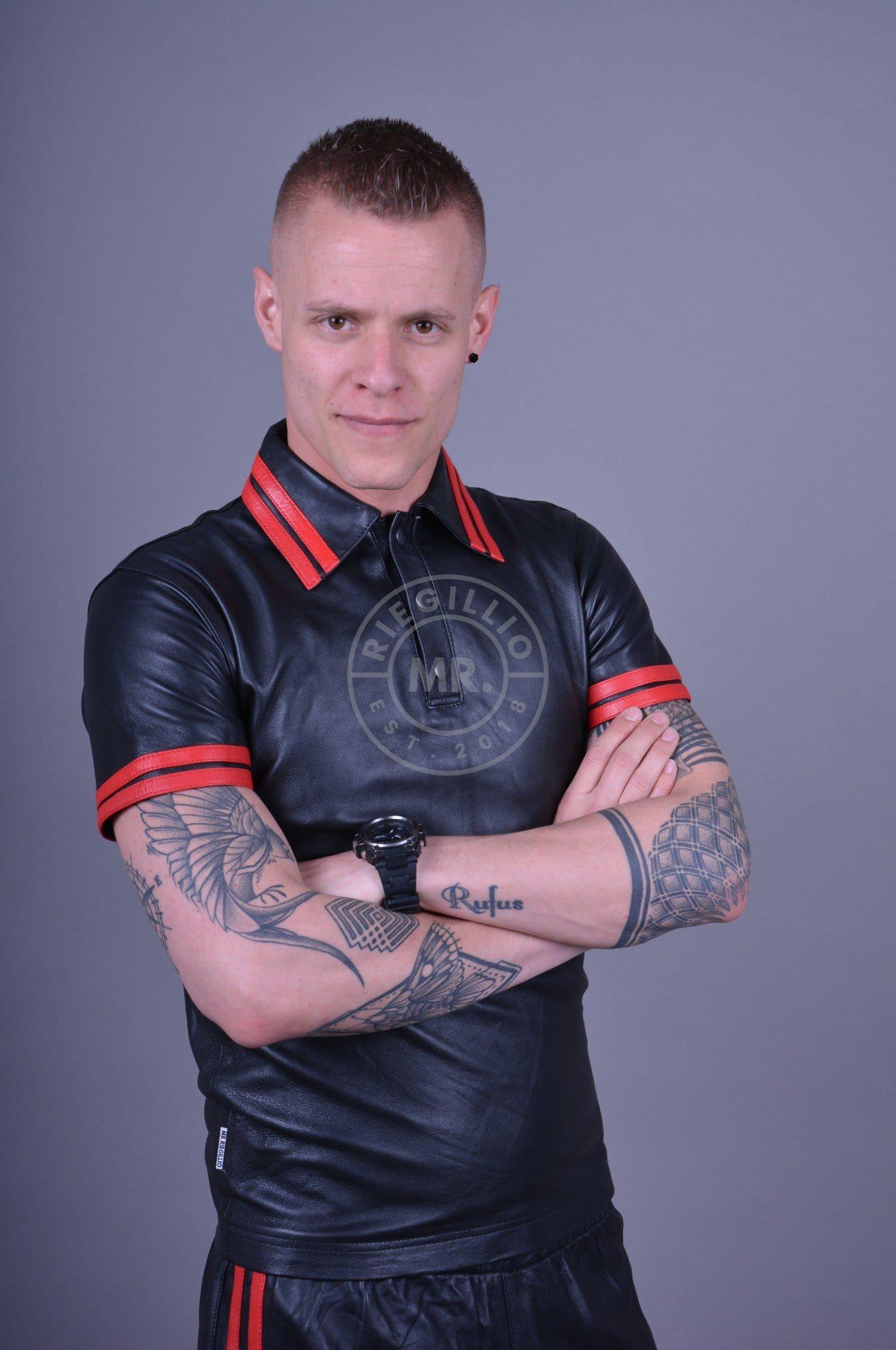 Black Leather Polo - Red Stripes at MR. Riegillio