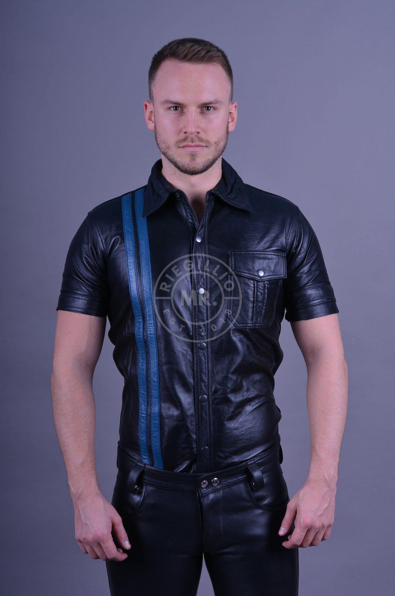 Black Leather Shirt - BLUE STRIPES-at MR. Riegillio