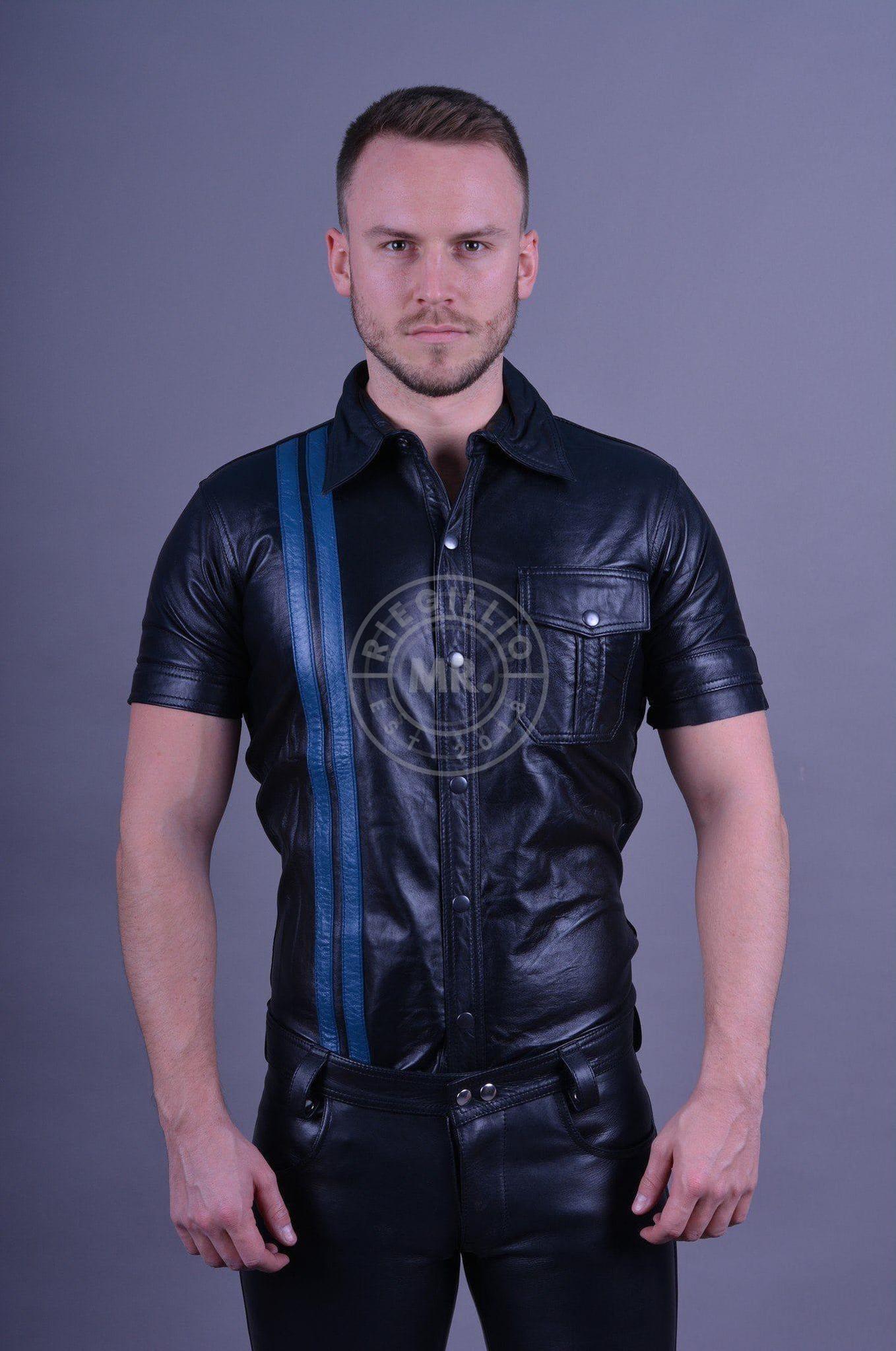 Black Leather Shirt - Blue Stripes at MR. Riegillio