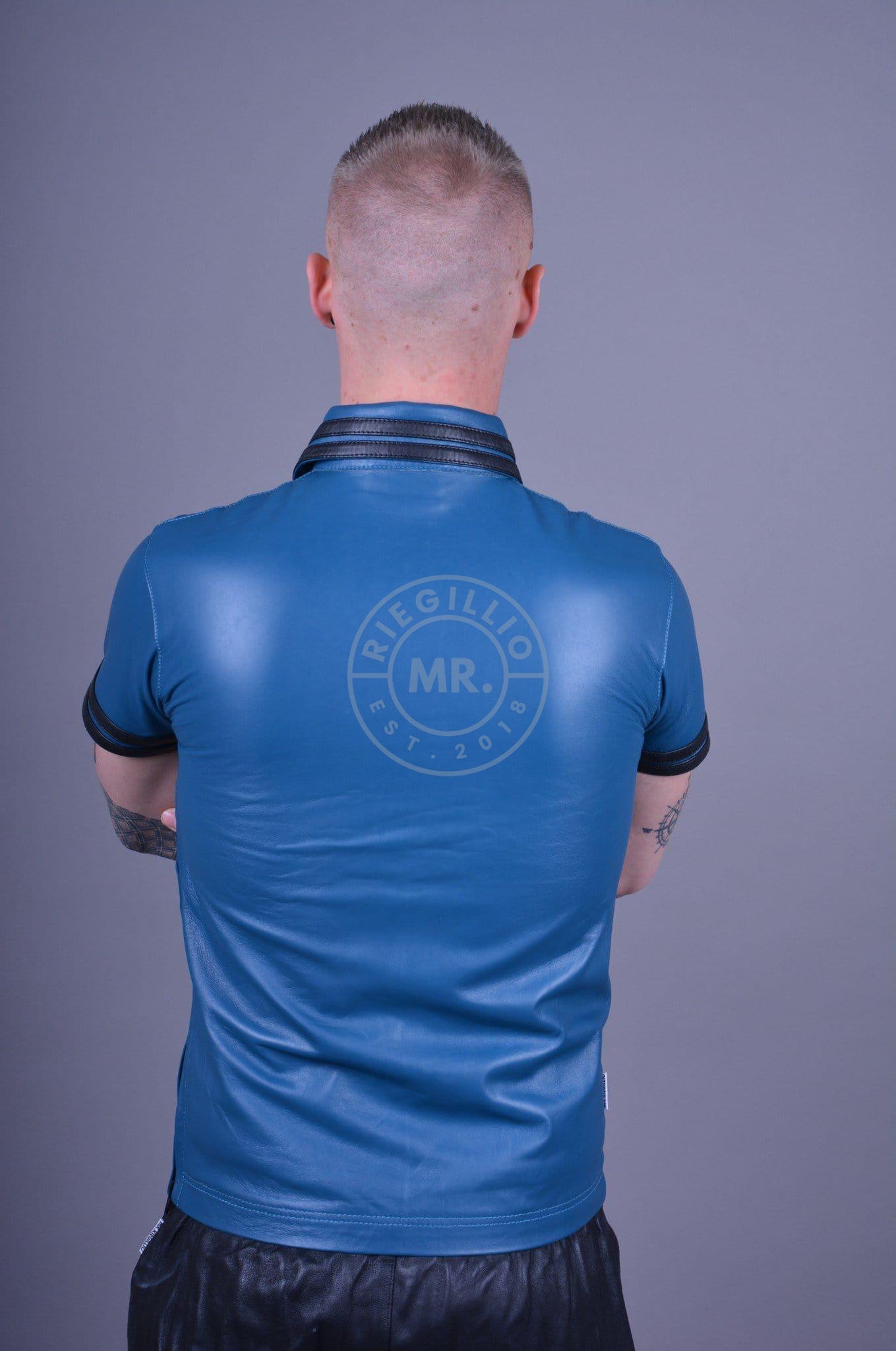 Jeans Blue Leather Polo - BLACK STRIPES at MR. Riegillio
