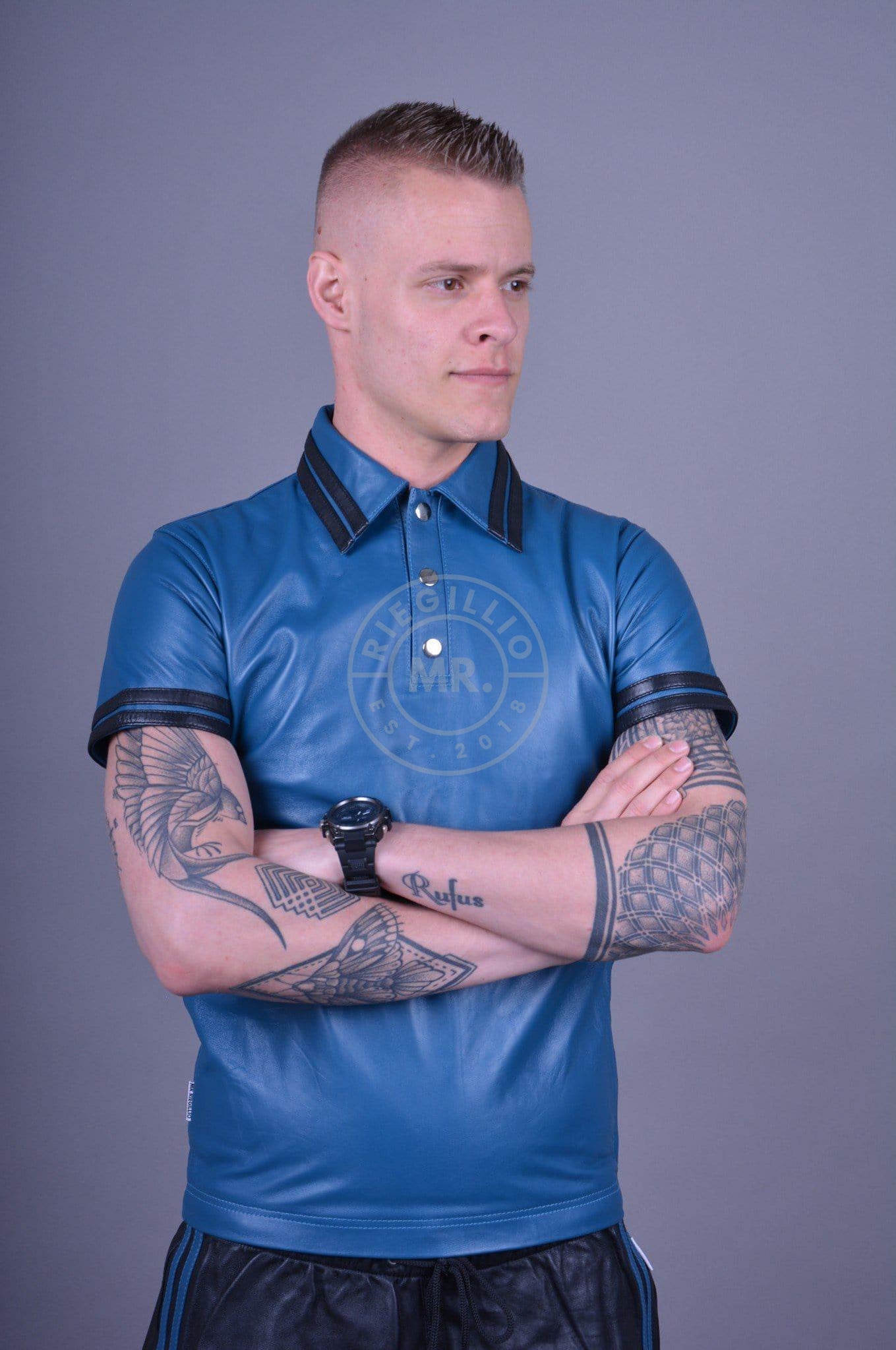 Jeans Blue Leather Polo - BLACK STRIPES at MR. Riegillio