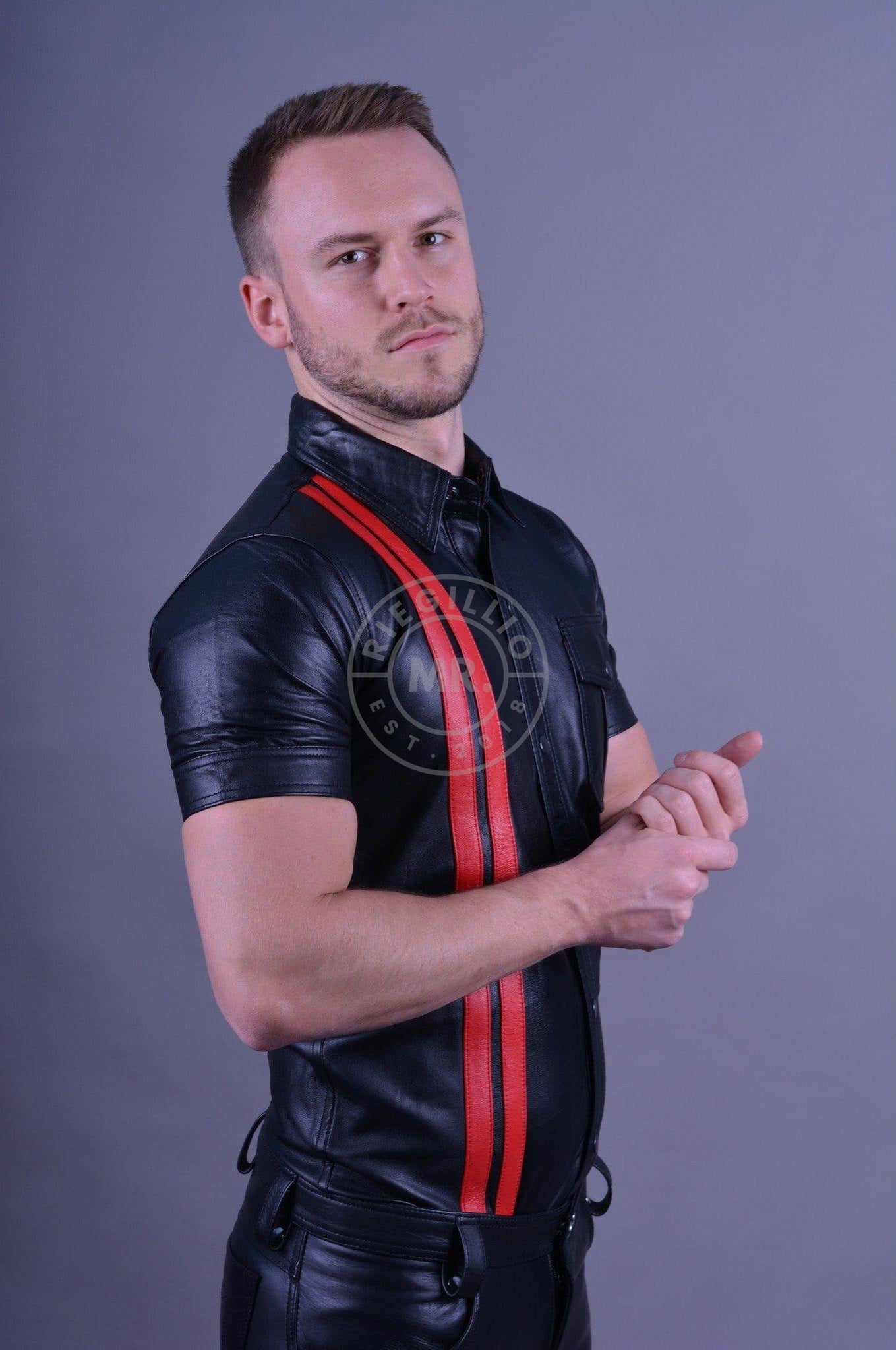Black Leather Shirt - Red Stripes at MR. Riegillio
