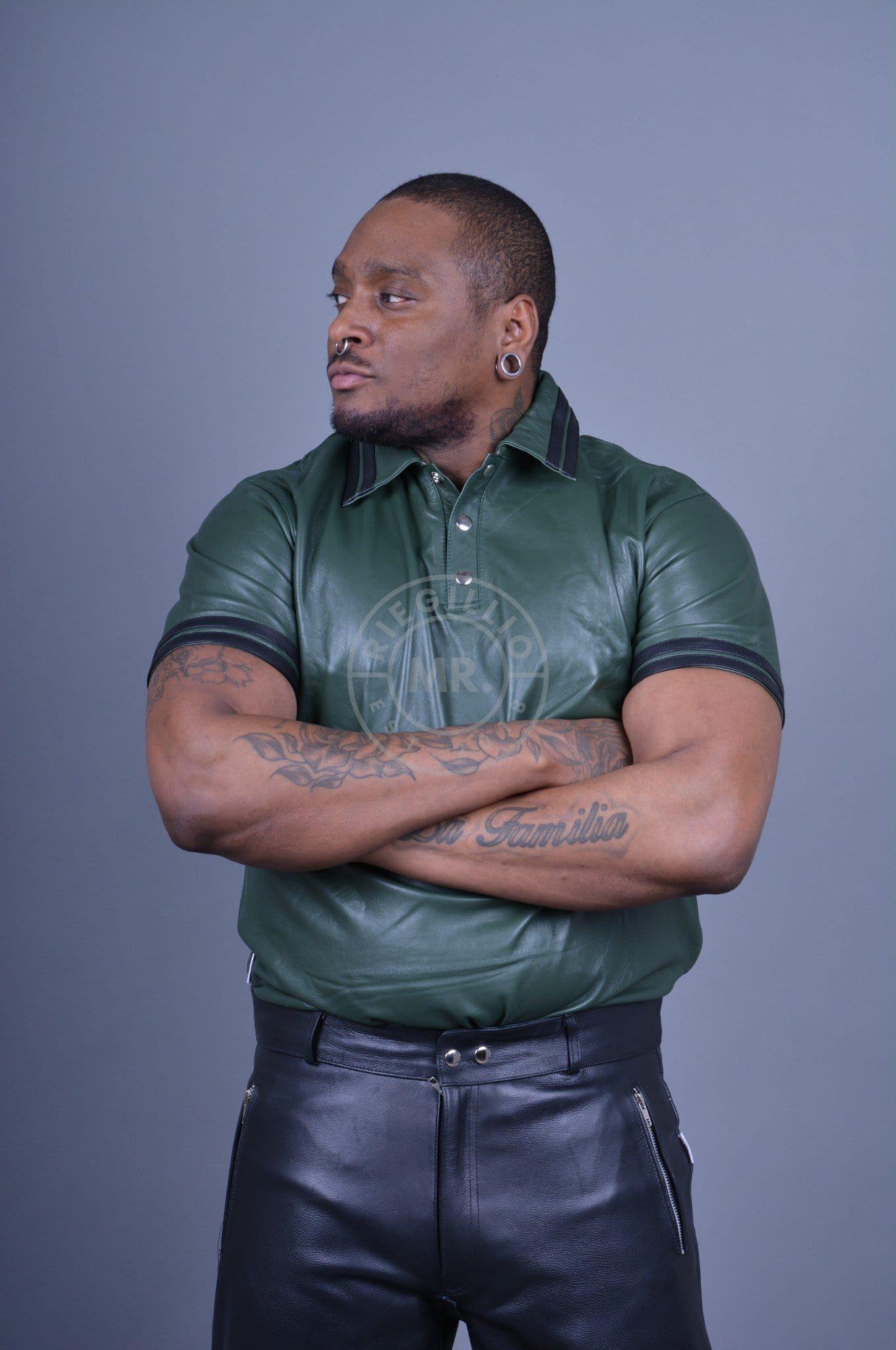 Dark Green Leather Polo - BLACK STRIPES at MR. Riegillio