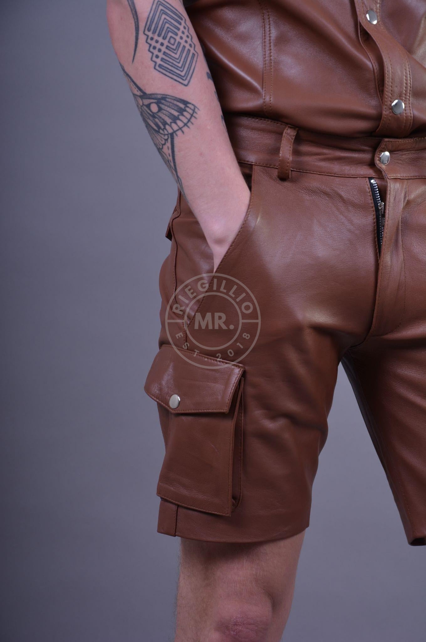Cinnamon Brown Leather Cargo Short at MR. Riegillio