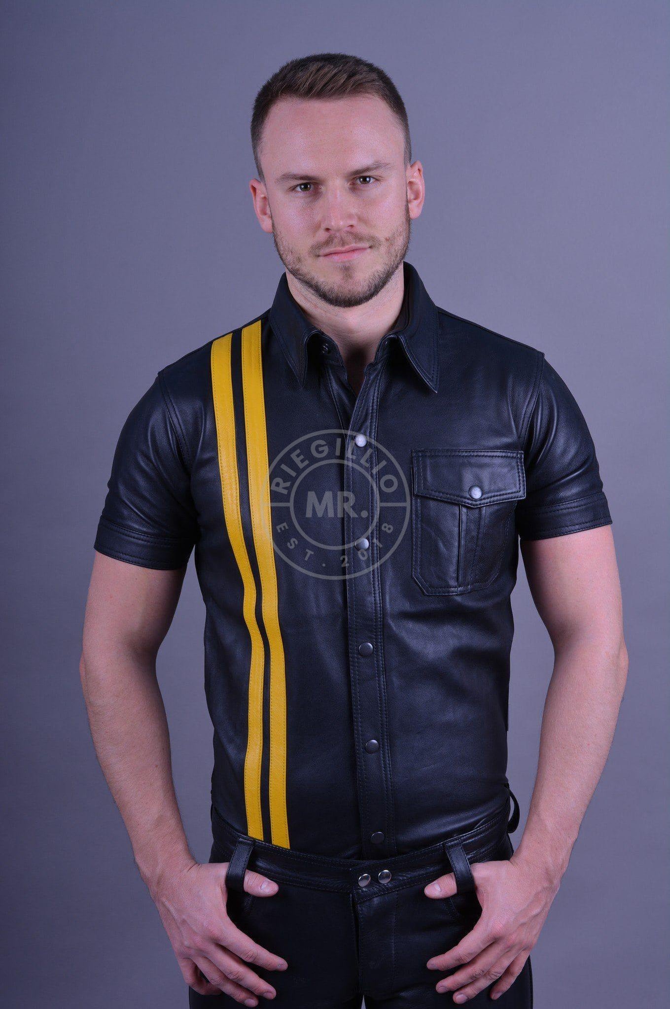 Black Leather Shirt - YELLOW STRIPES at MR. Riegillio