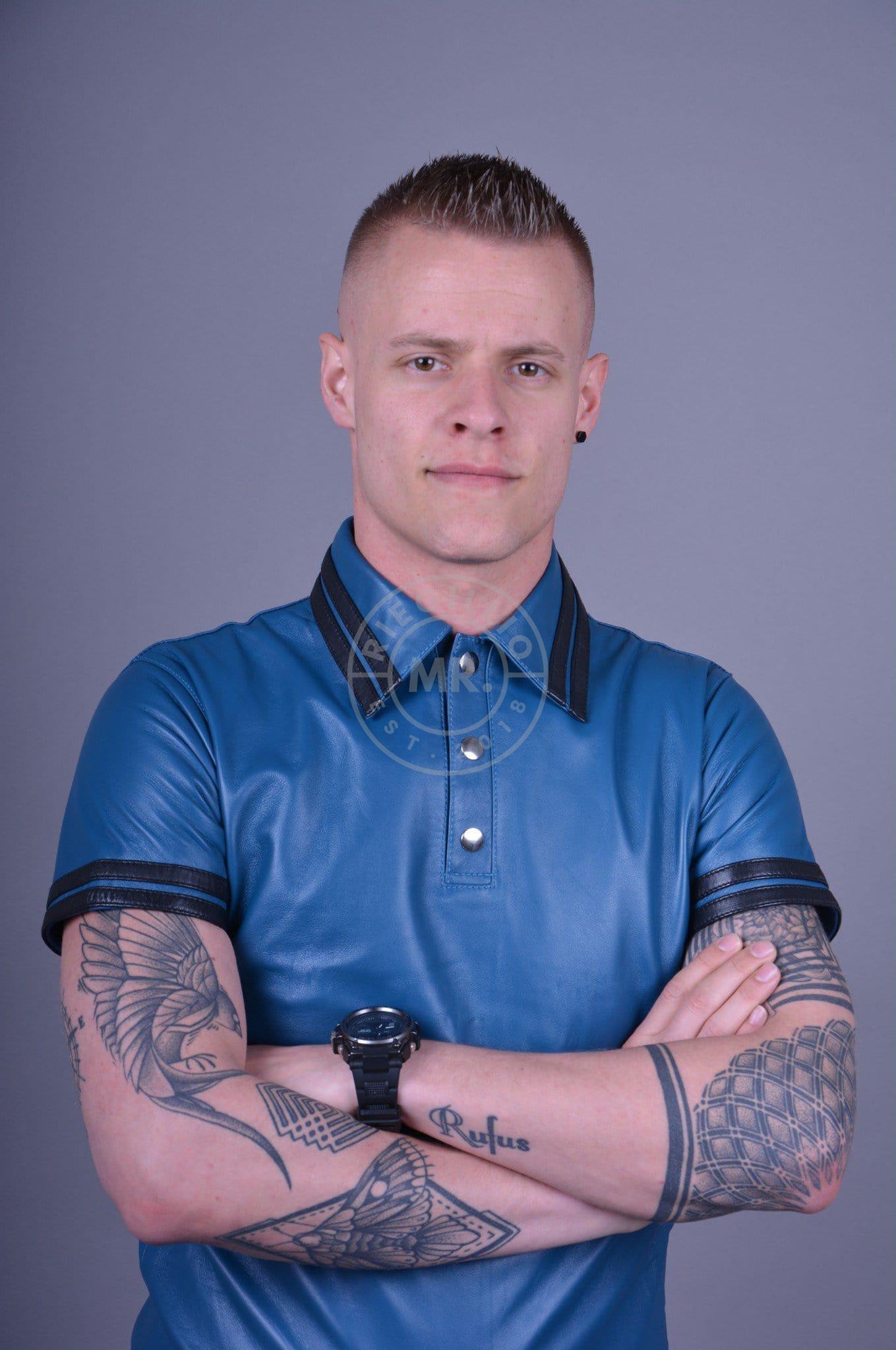 Jeans Blue Leather Polo - BLACK STRIPES at MR. Riegillio