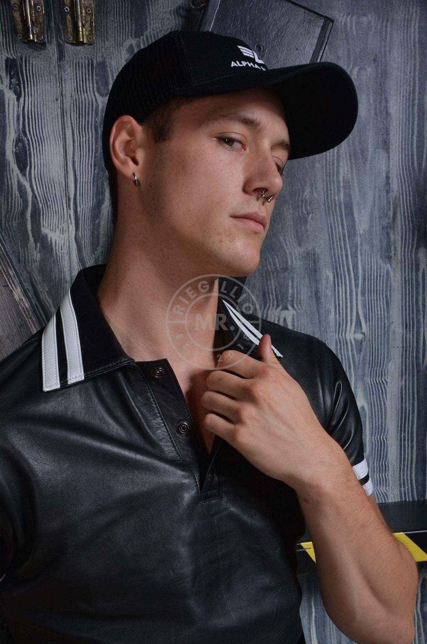 Black Leather Polo - White Stripes at MR. Riegillio