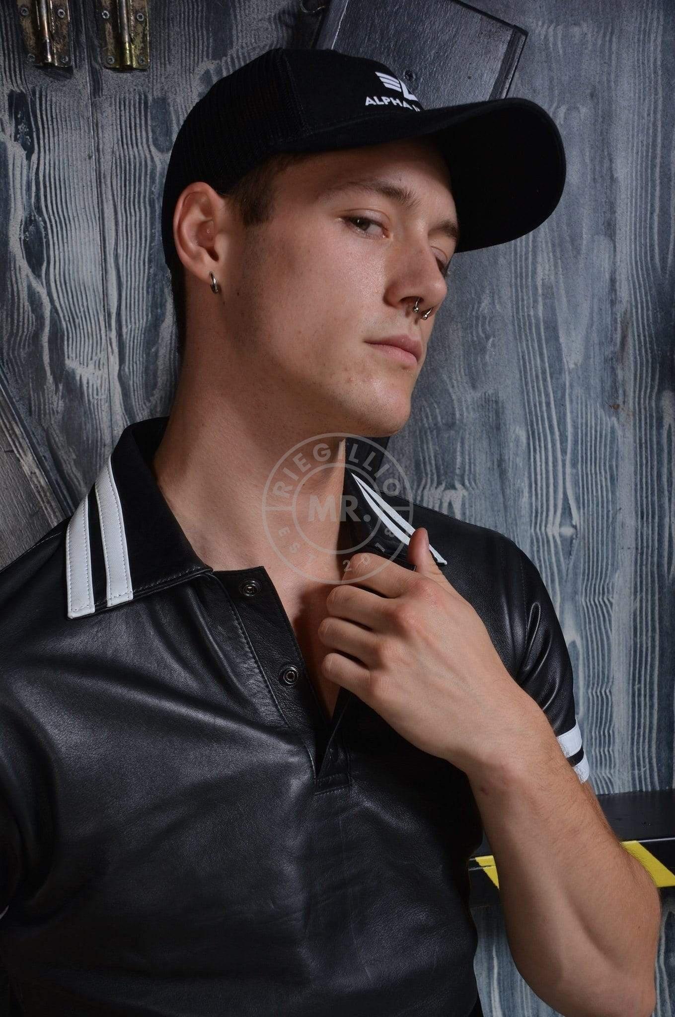 Black Leather Polo - White Stripes at MR. Riegillio