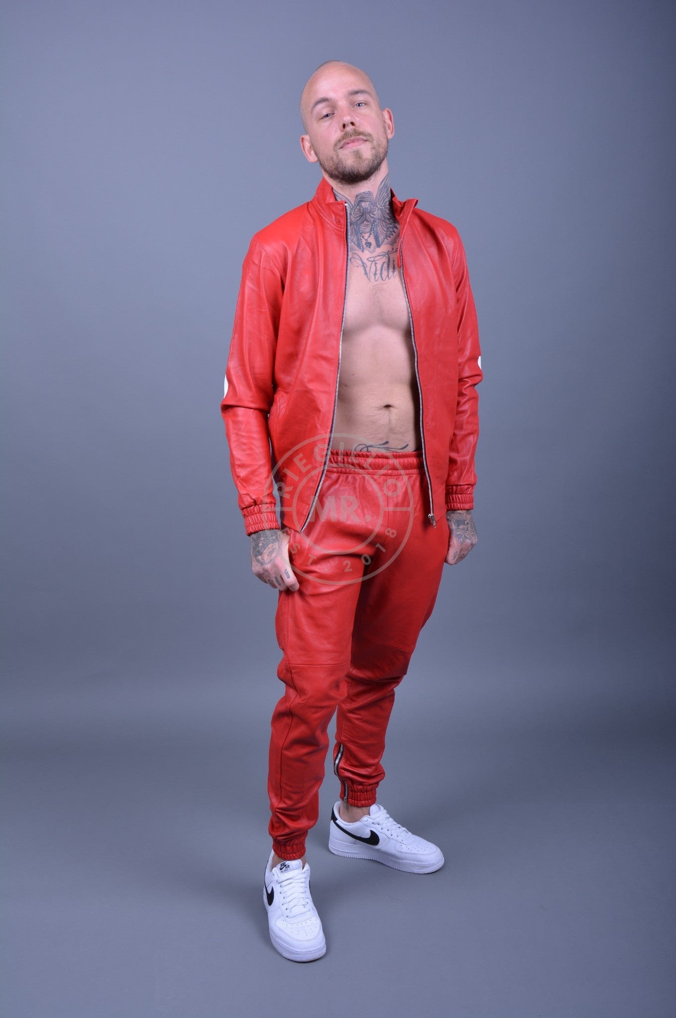 Red Leather Tracksuit Pants at MR. Riegillio