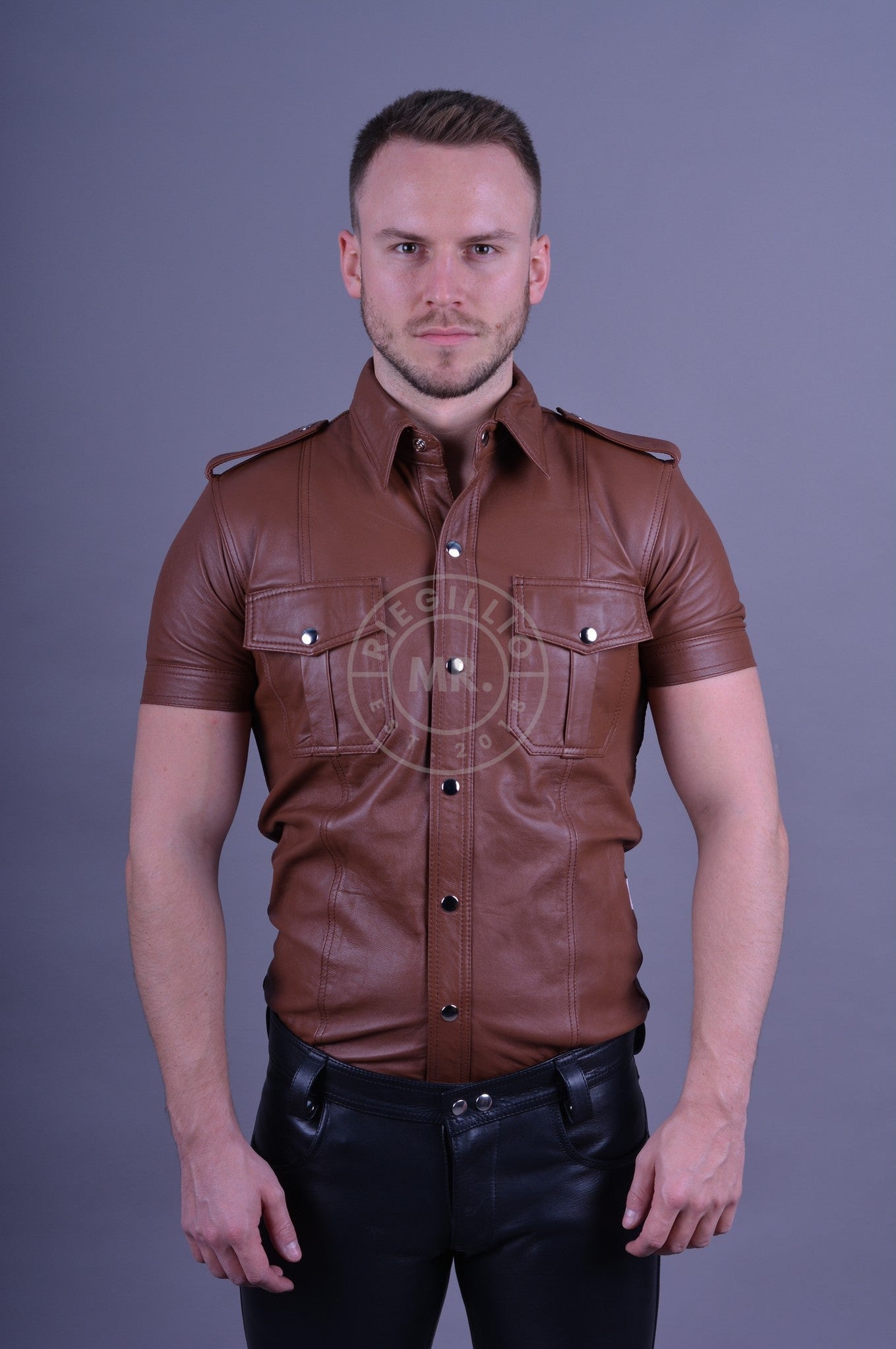 Cinnamon Brown Leather Shirt-at MR. Riegillio