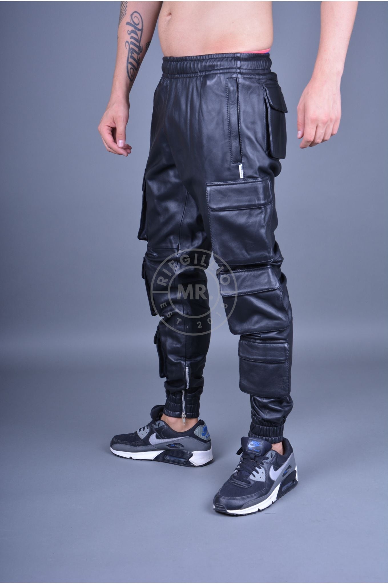 Black Leather Utility Pants at MR. Riegillio