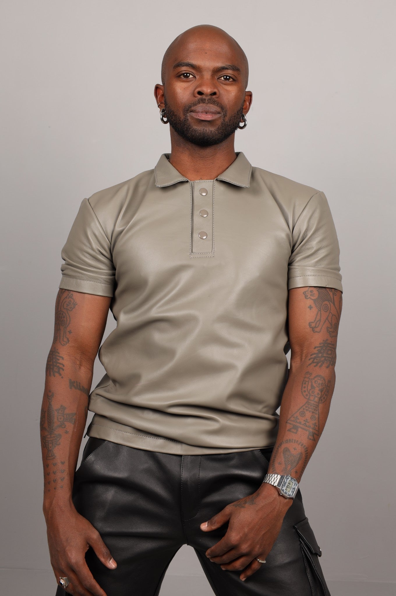 Grey Leather Polo Shirt