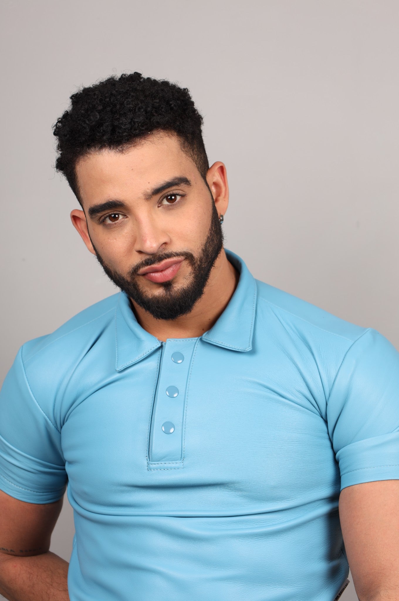 Sky Blue Leather Polo Shirt