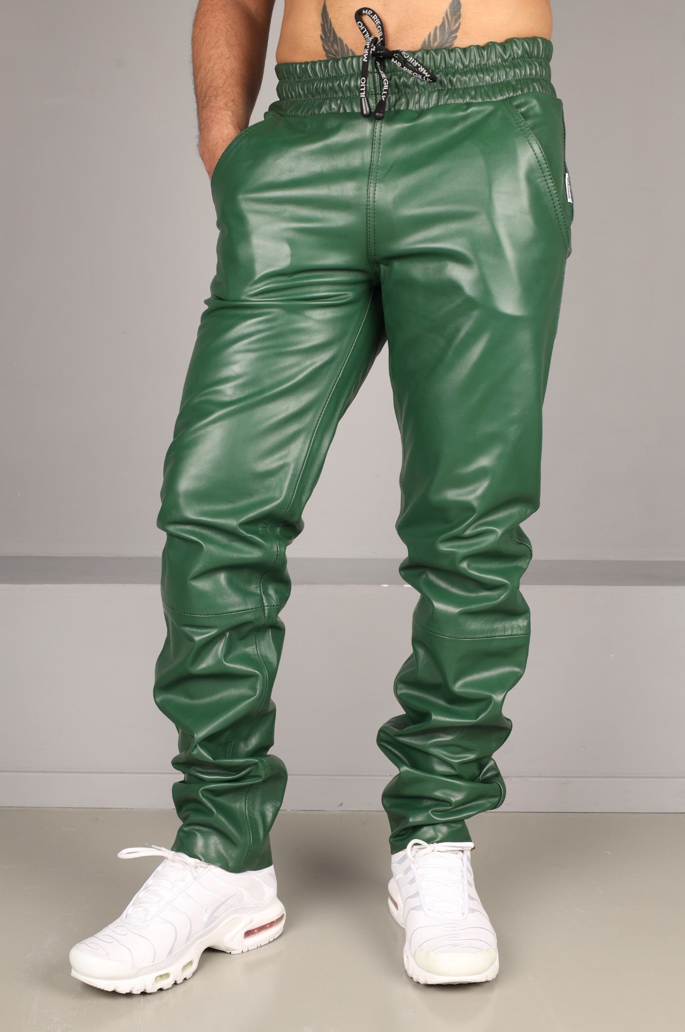 Dark Green Slim Fit Leather Tracksuit Pants