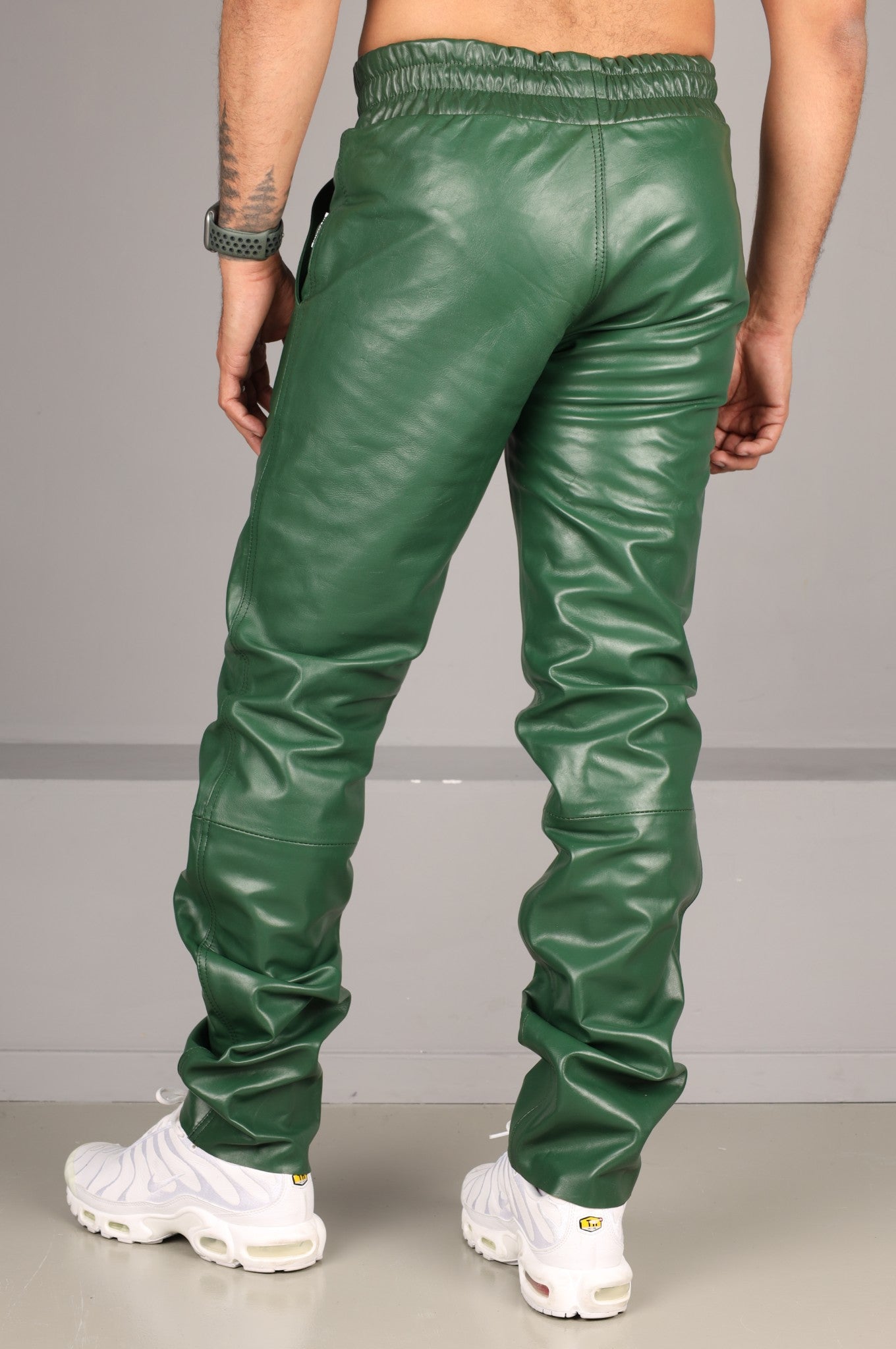 Dark Green Slim Fit Leather Tracksuit Pants