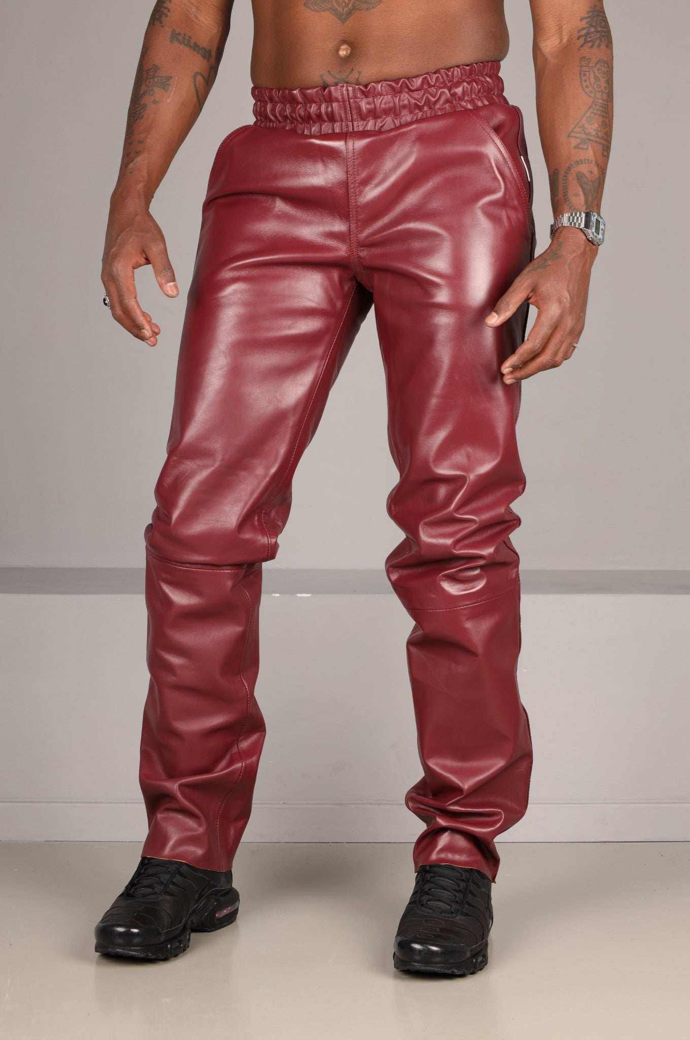 Burgundy Slim Fit Leather Tracksuit Pants