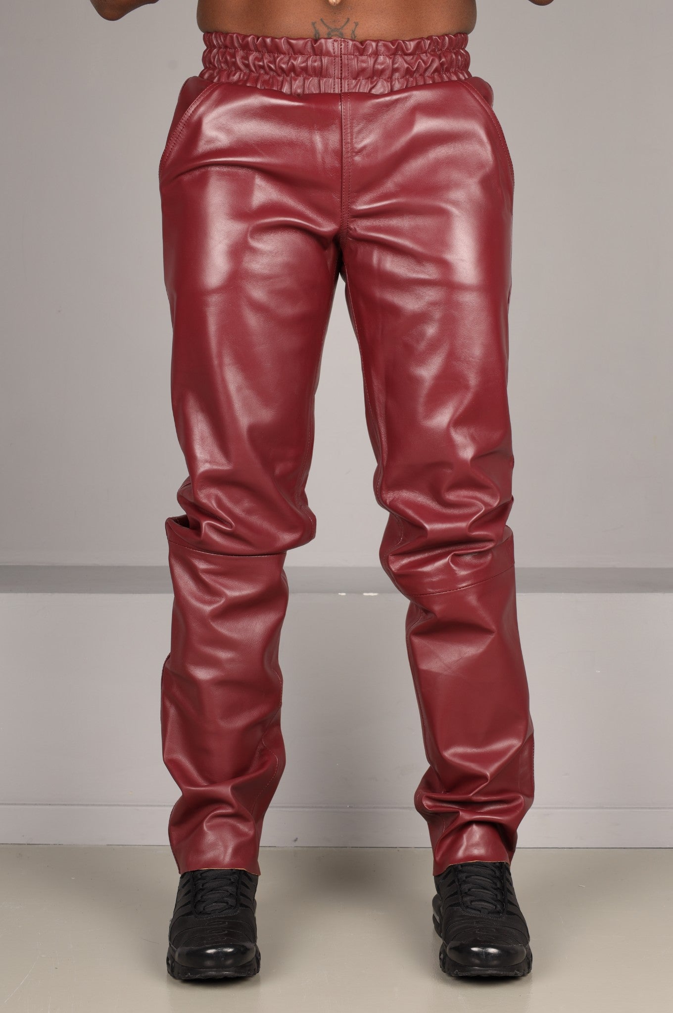 Burgundy Slim Fit Leather Tracksuit Pants