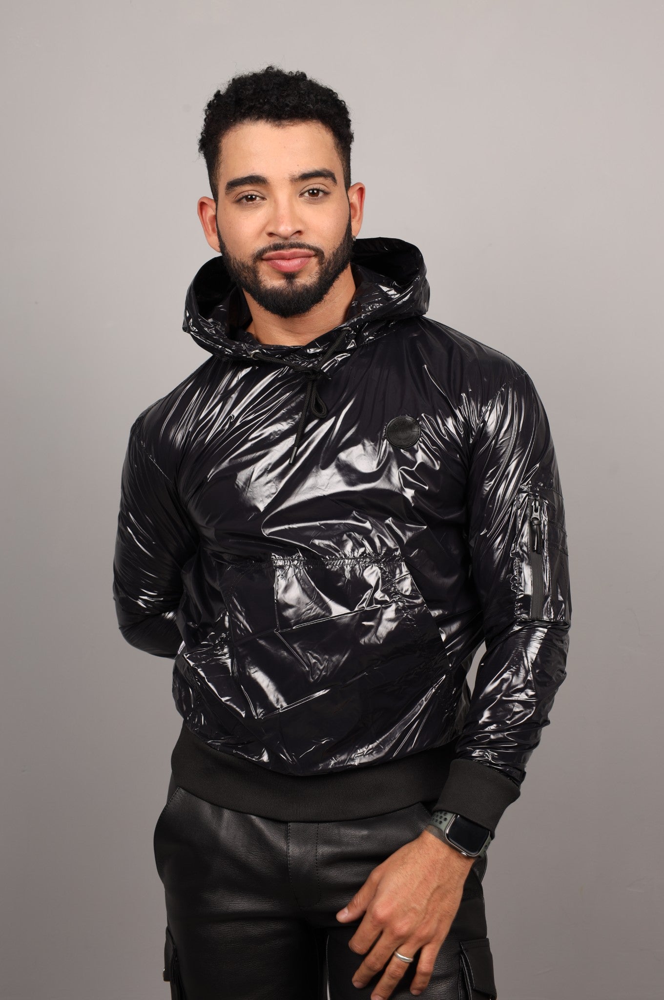 Black Shiny Nylon Hoodie