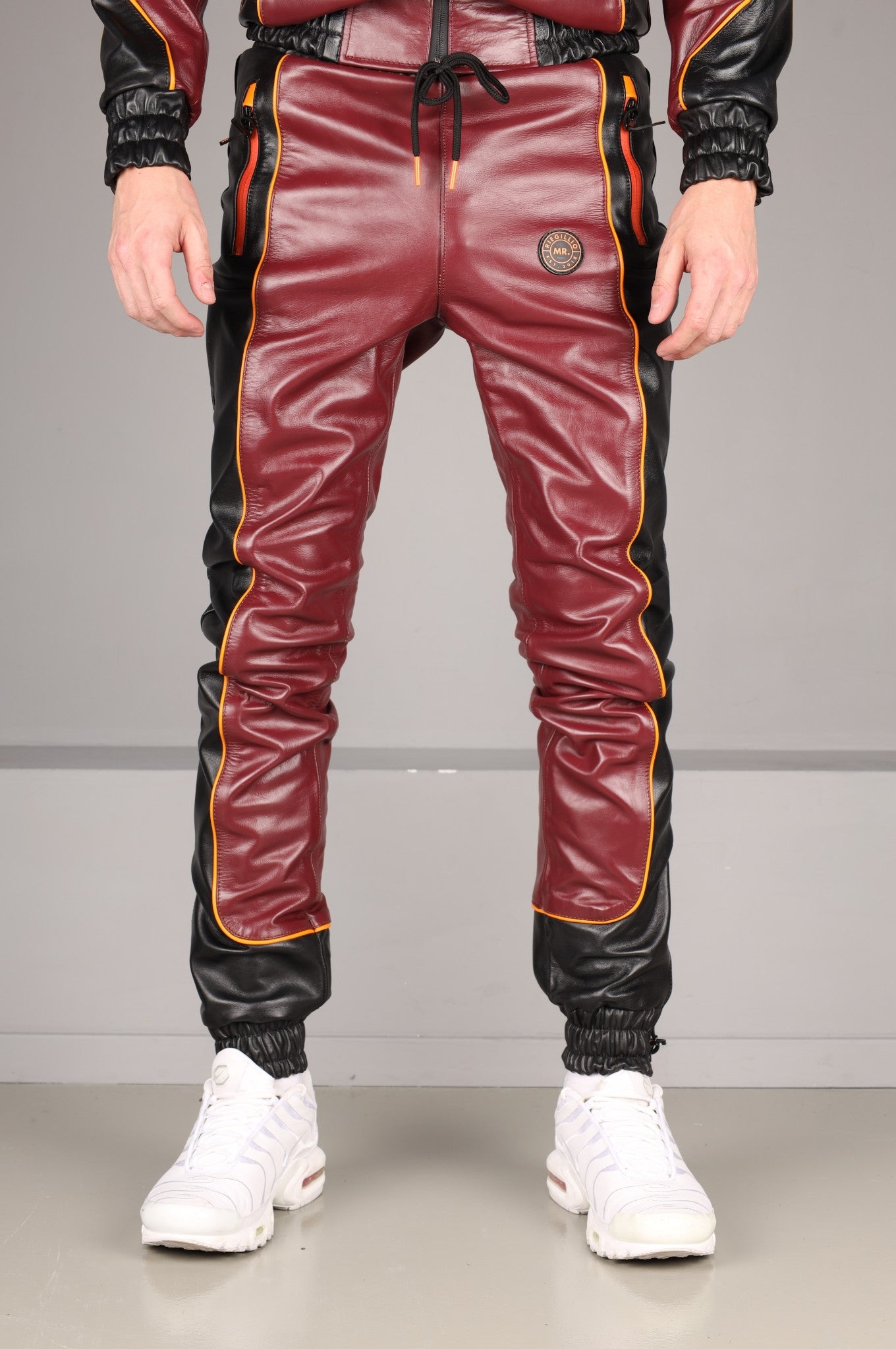 Leder-Trainingshose - Weinrot/Schwarz