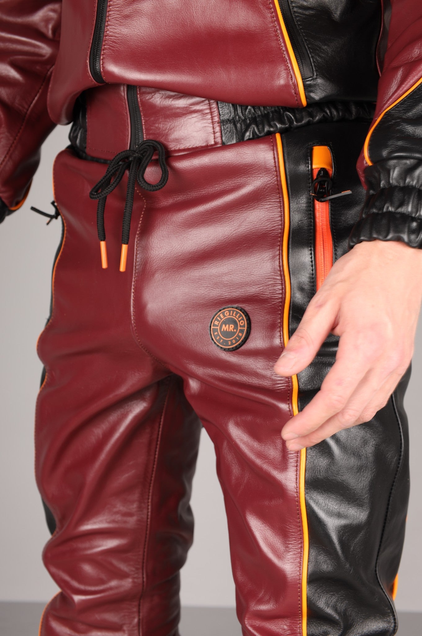 Leder-Trainingshose - Weinrot/Schwarz