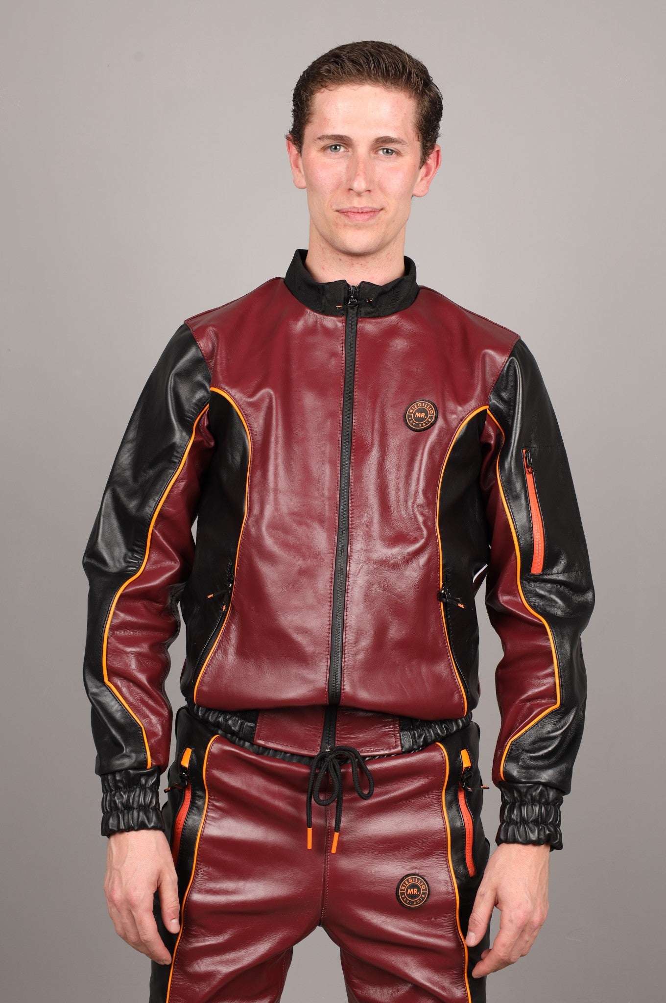 Leder-Trainingsanzugsjacke - Bordeaux/Schwarz