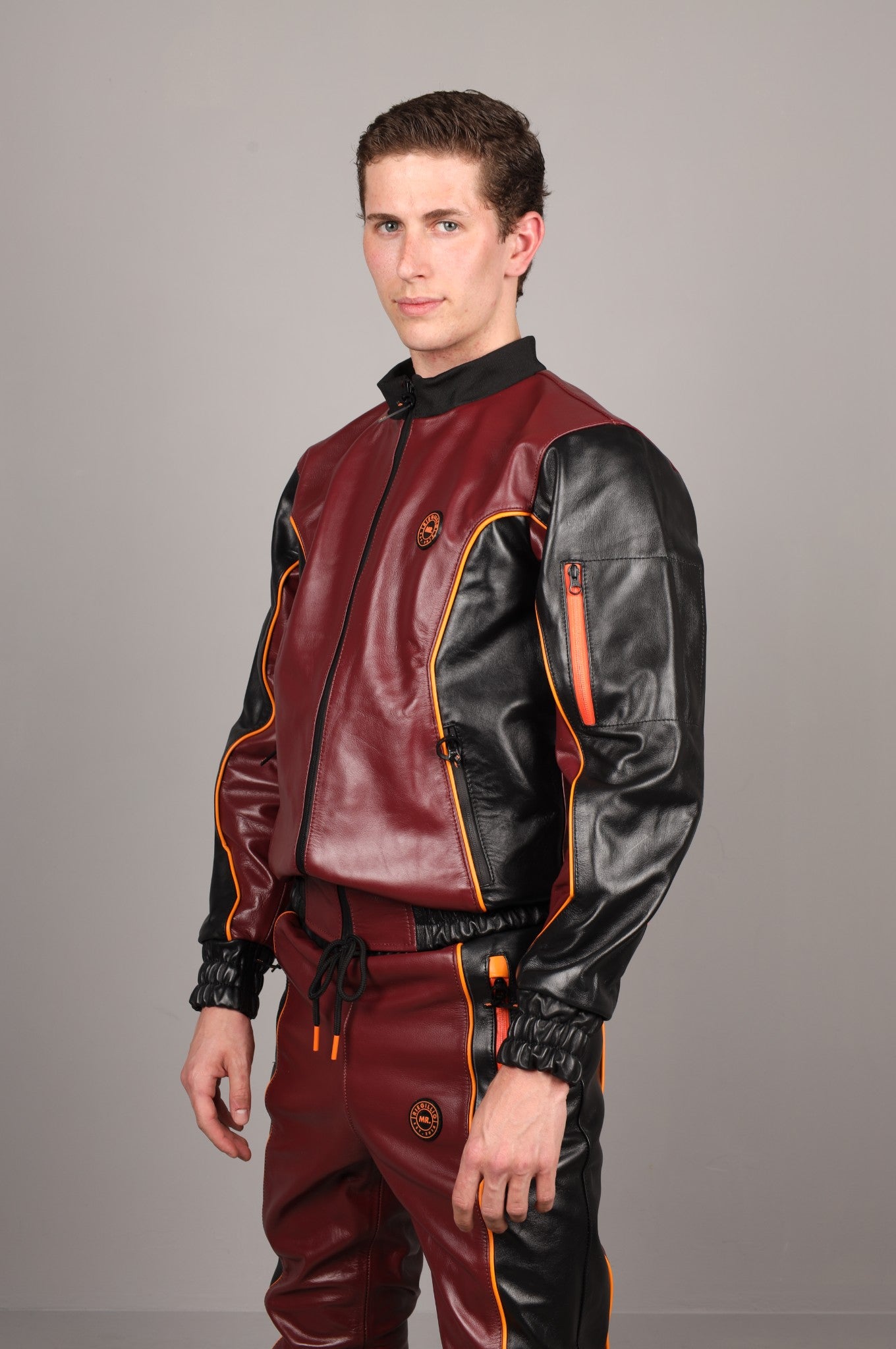 Leder-Trainingsanzugsjacke - Bordeaux/Schwarz