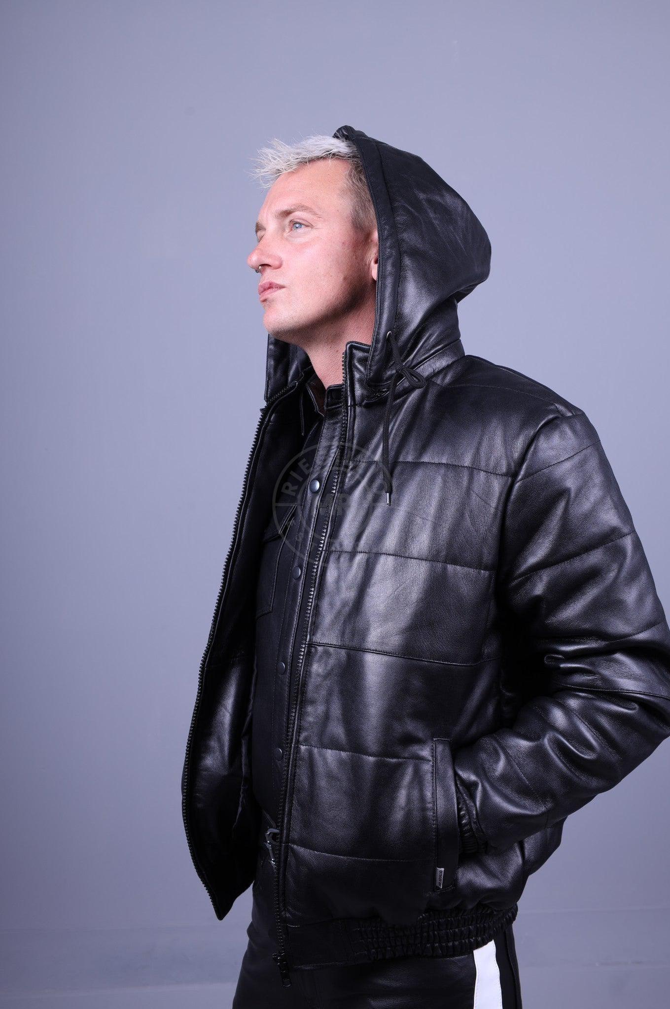 Black Leather Puffed Bomber Jacket at MR. Riegillio