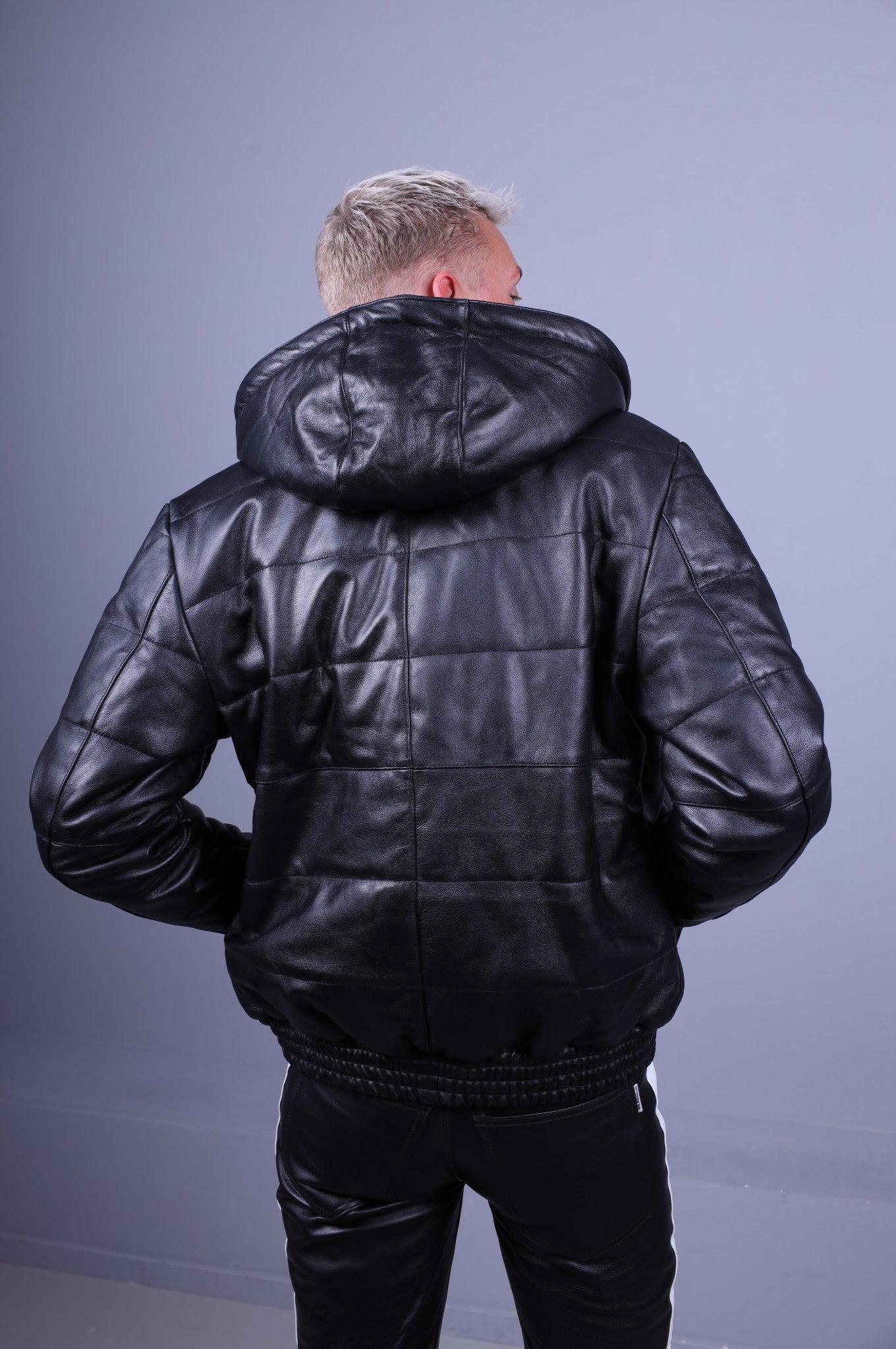 Black Leather Puffed Bomber Jacket at MR. Riegillio