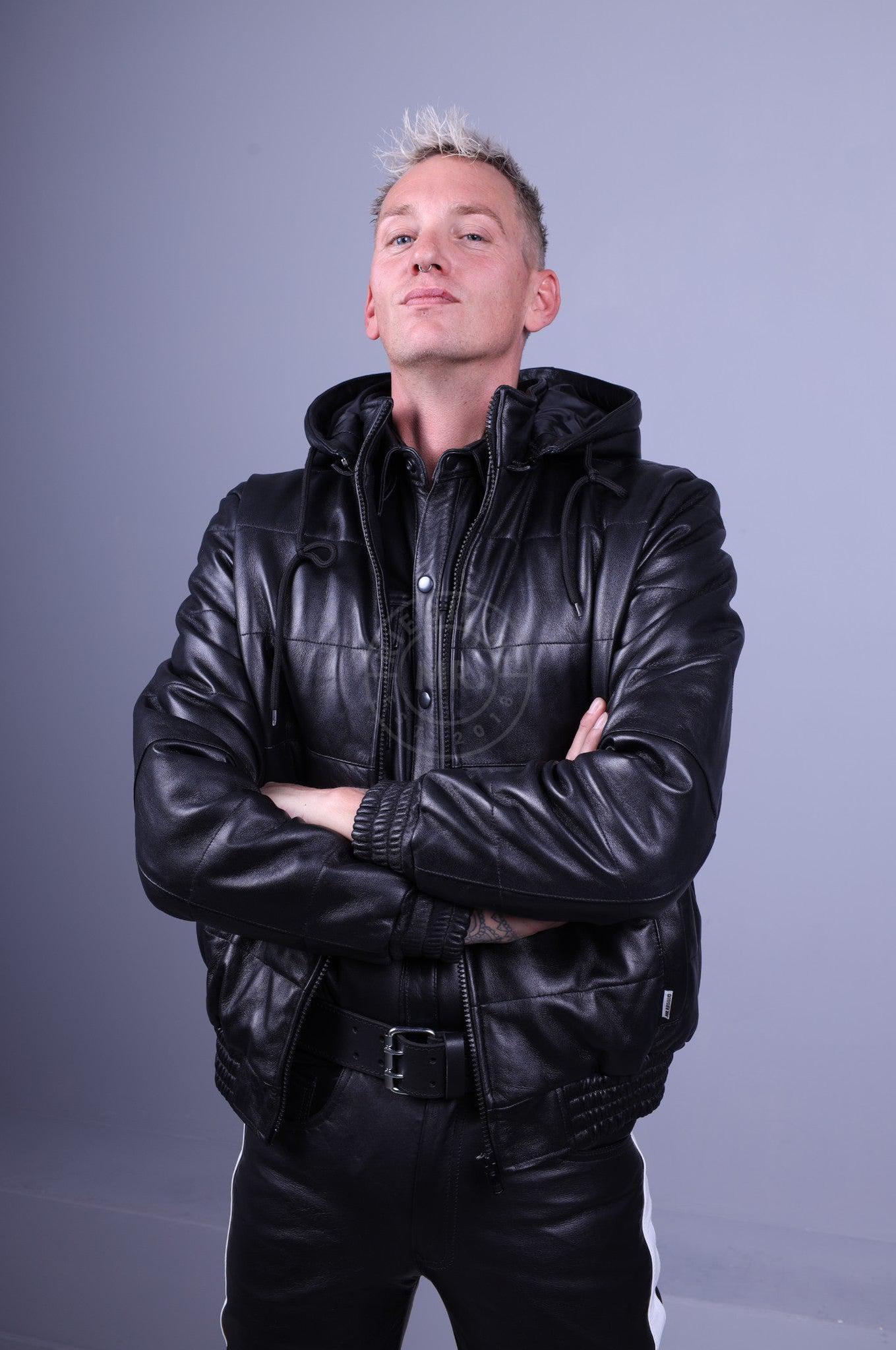 Black Leather Puffed Bomber Jacket at MR. Riegillio